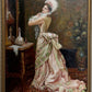 Victorian Style Interior Oil Painting Elegant Lady in Pink Gown, Framed