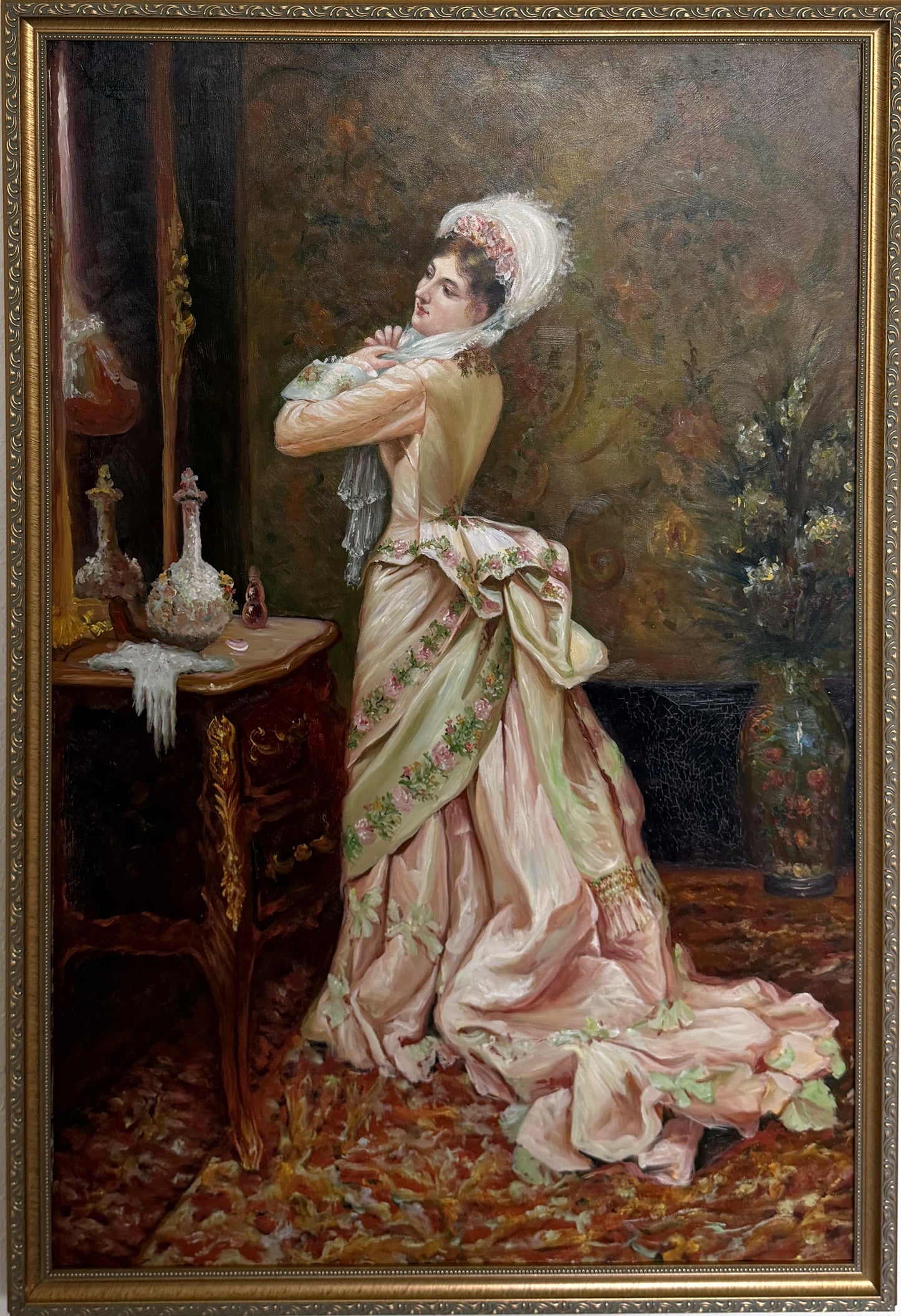 Victorian Style Interior Oil Painting Elegant Lady in Pink Gown, Framed