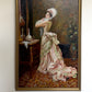 Victorian Style Interior Oil Painting Elegant Lady in Pink Gown, Framed