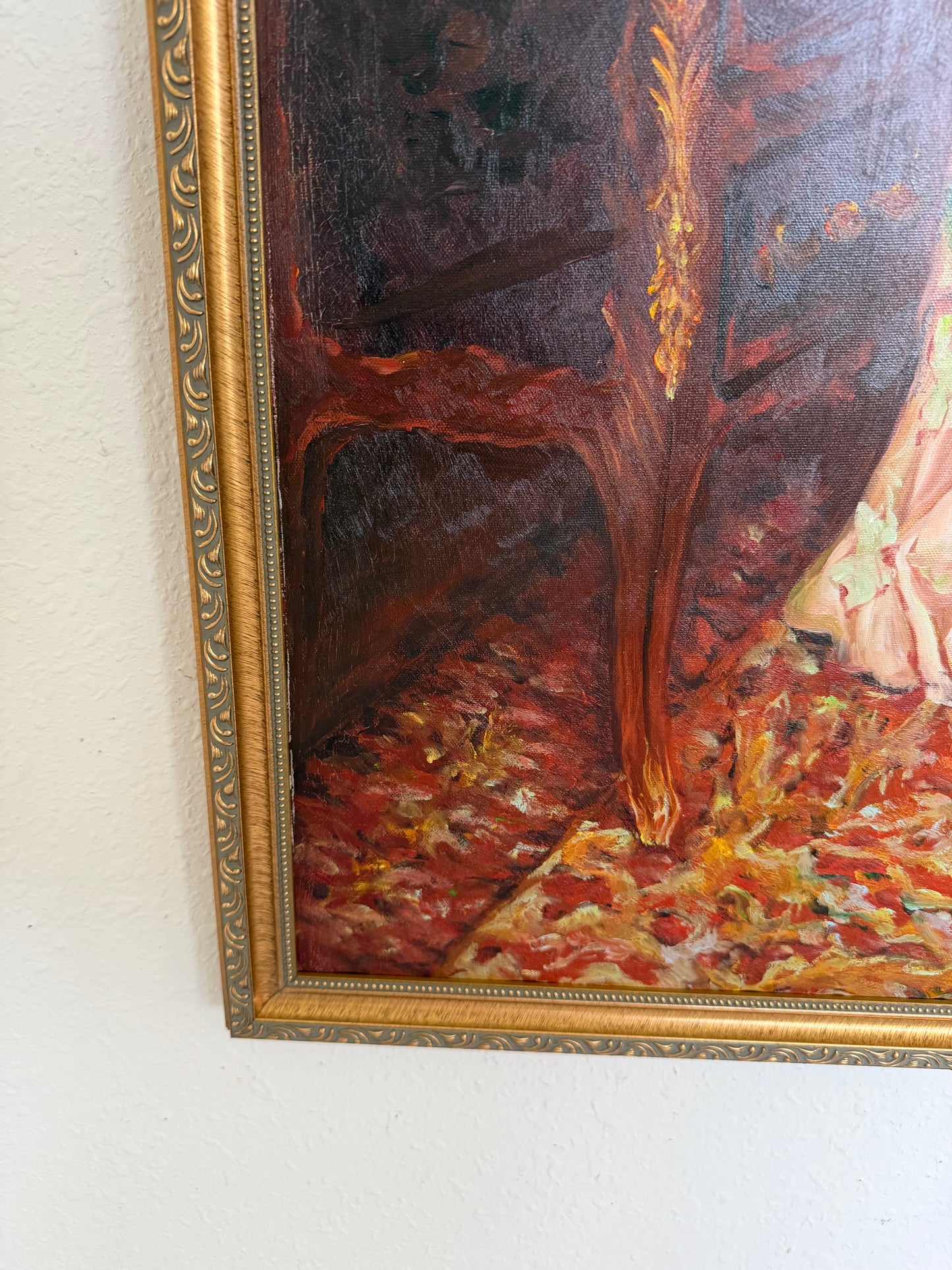 Victorian Style Interior Oil Painting Elegant Lady in Pink Gown, Framed