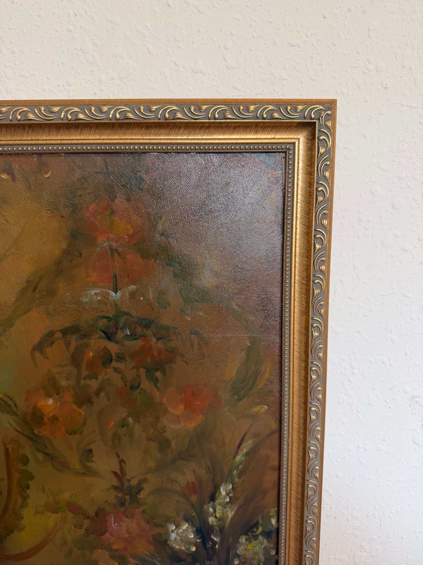 Victorian Style Interior Oil Painting Elegant Lady in Pink Gown, Framed