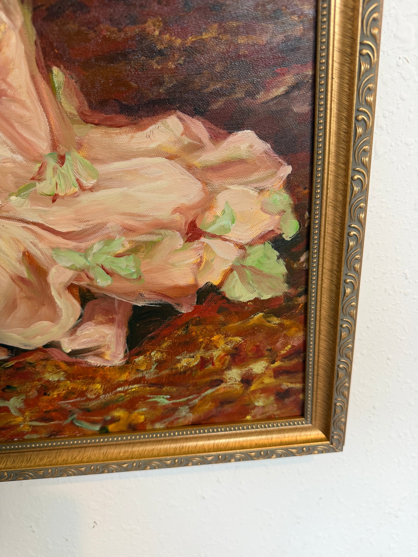 Victorian Style Interior Oil Painting Elegant Lady in Pink Gown, Framed