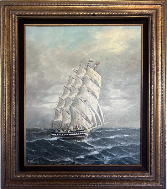 Large Signed Original Oil Painting on Canvas Seascape, Sailing Ship, framed