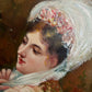 Victorian Style Interior Oil Painting Elegant Lady in Pink Gown, Framed