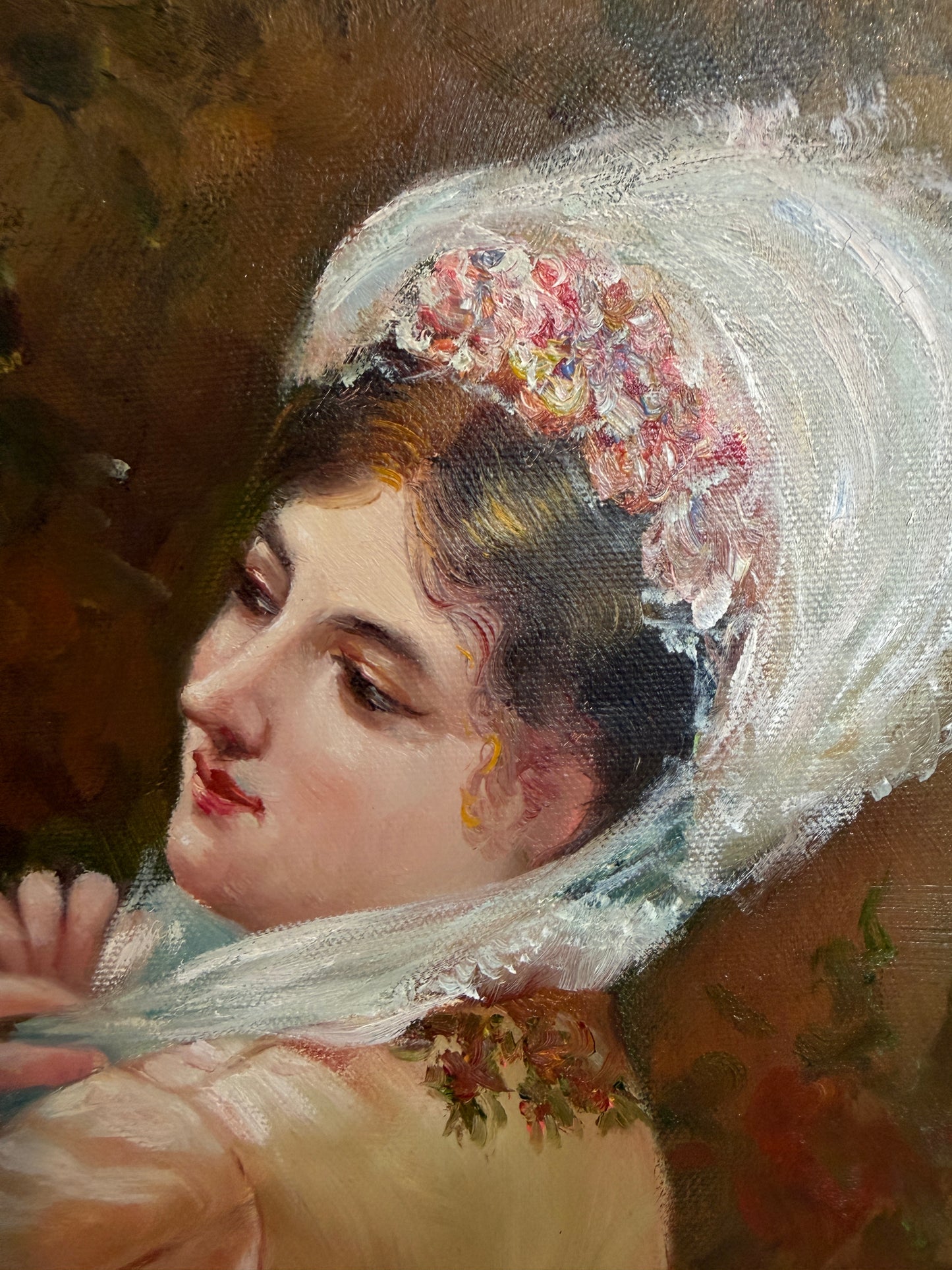 Victorian Style Interior Oil Painting Elegant Lady in Pink Gown, Framed