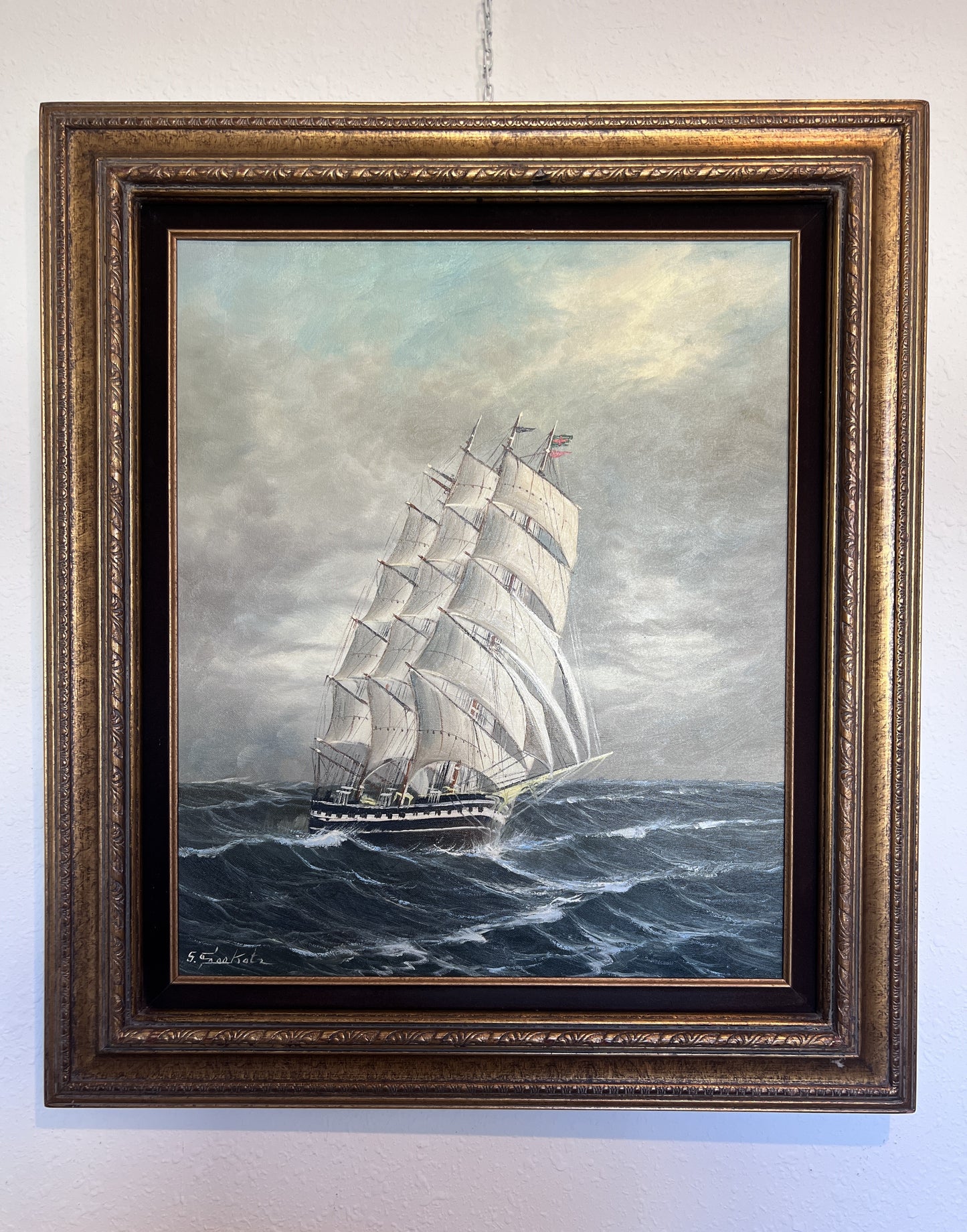 Large Signed Original Oil Painting on Canvas Seascape, Sailing Ship, framed