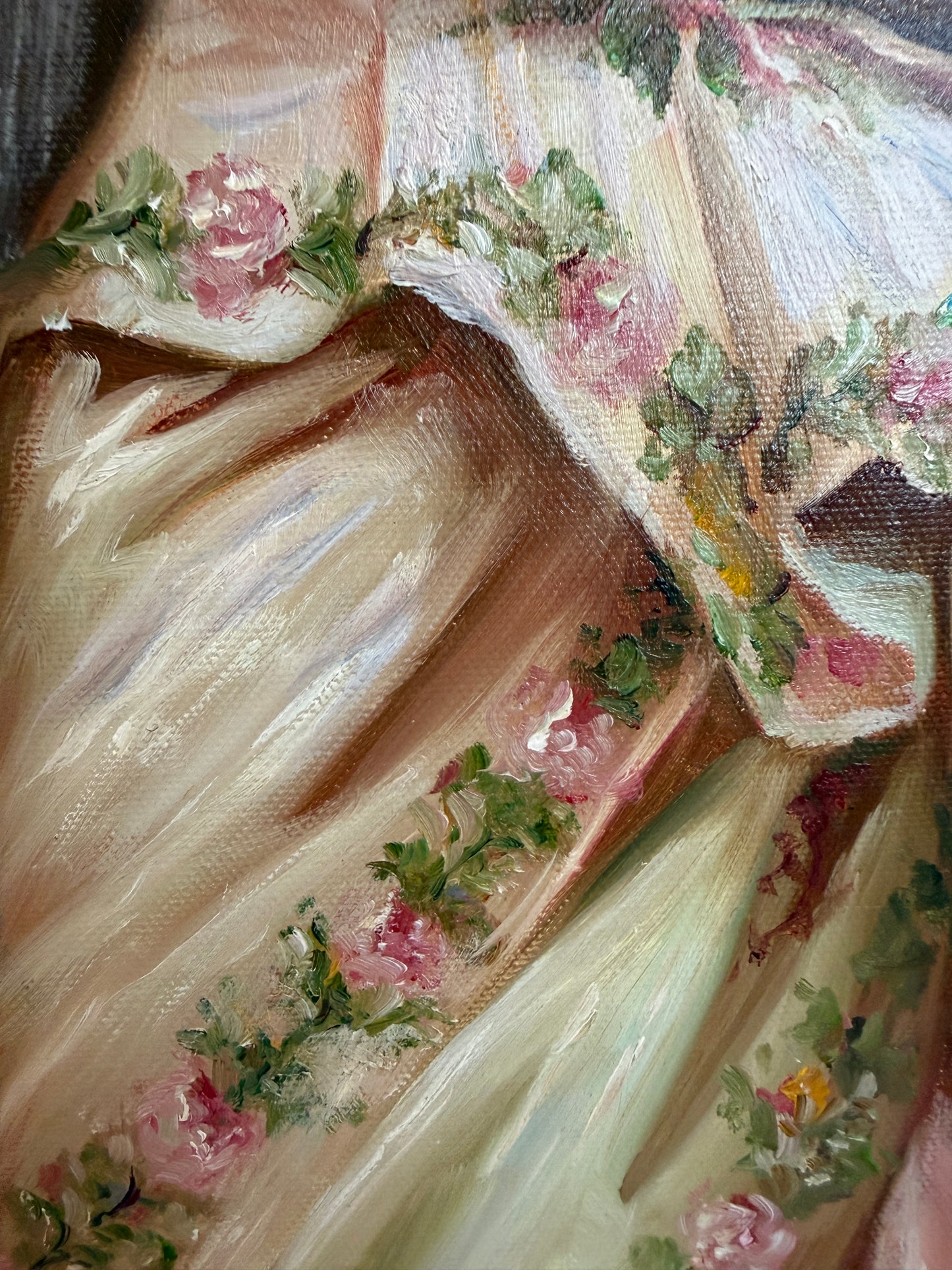 Victorian Style Interior Oil Painting Elegant Lady in Pink Gown, Framed