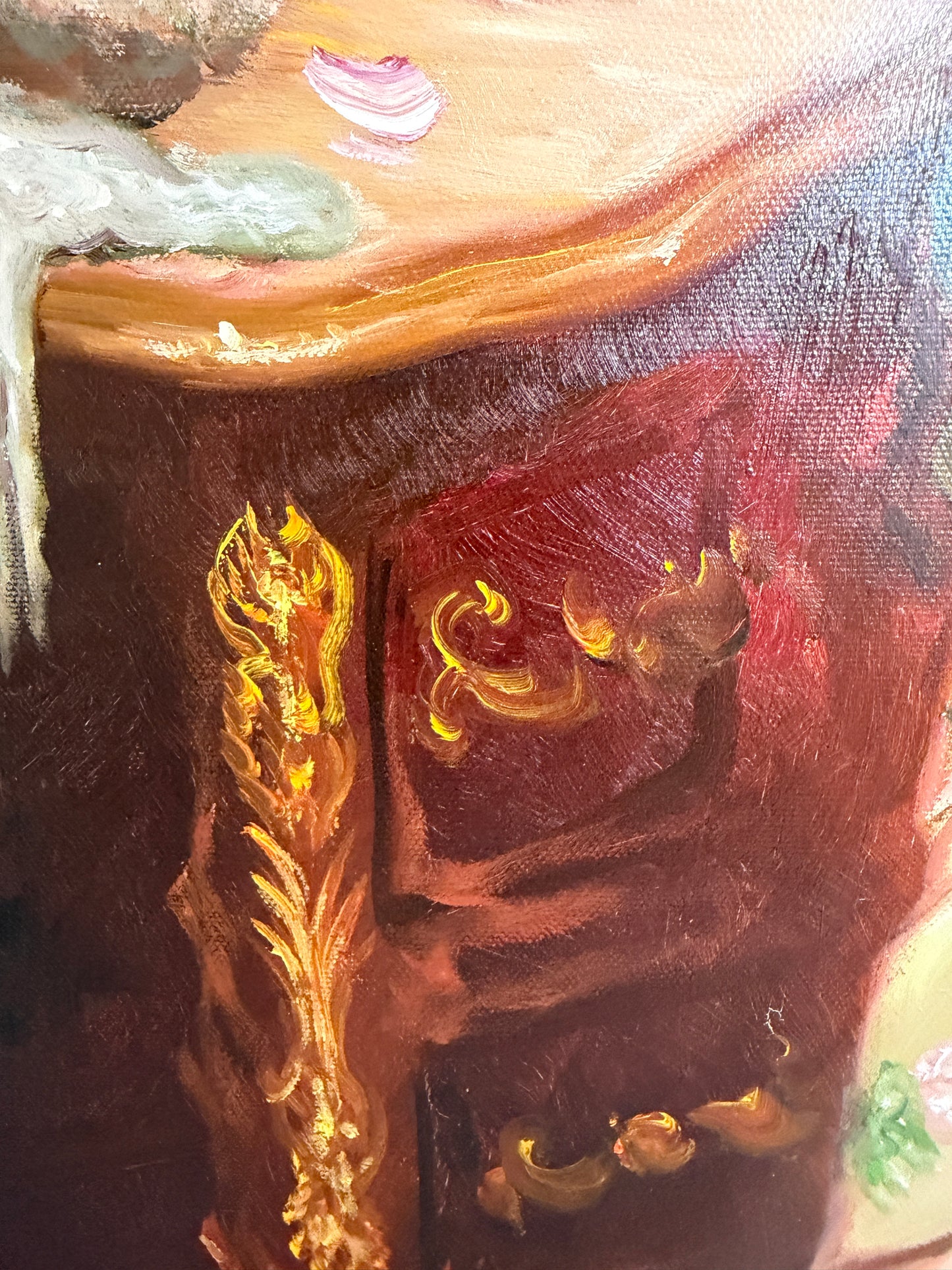 Victorian Style Interior Oil Painting Elegant Lady in Pink Gown, Framed