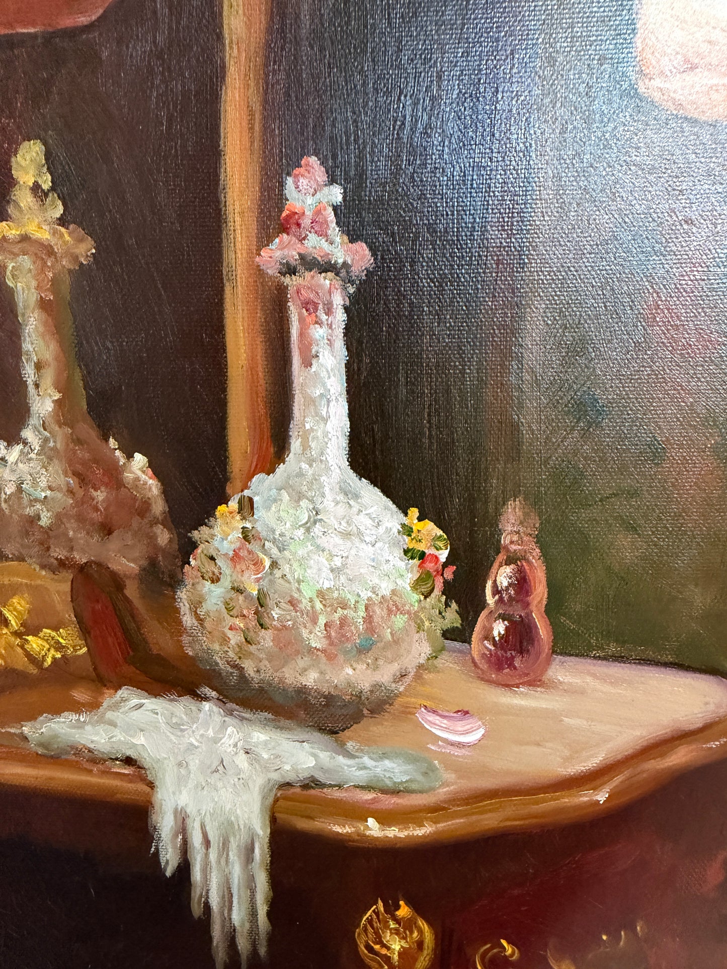 Victorian Style Interior Oil Painting Elegant Lady in Pink Gown, Framed