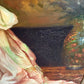 Victorian Style Interior Oil Painting Elegant Lady in Pink Gown, Framed