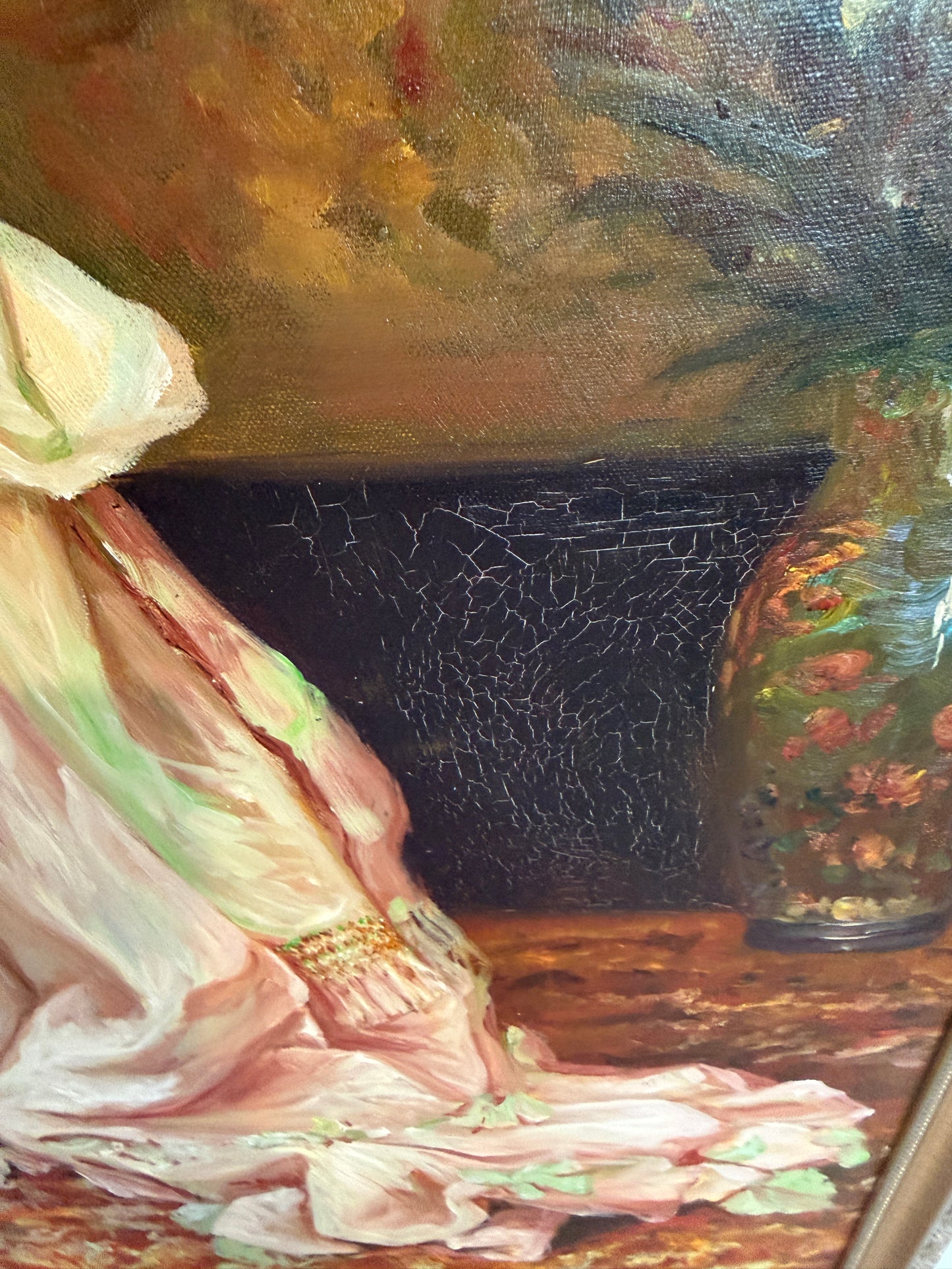 Victorian Style Interior Oil Painting Elegant Lady in Pink Gown, Framed