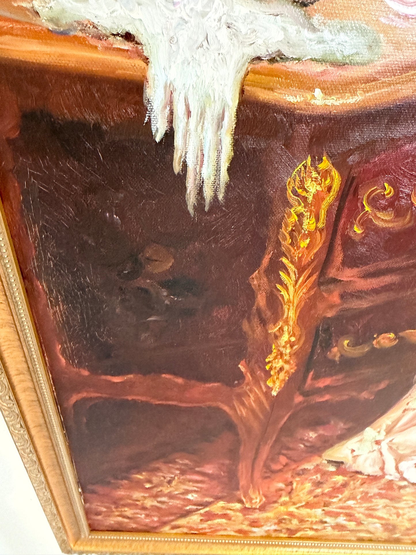 Victorian Style Interior Oil Painting Elegant Lady in Pink Gown, Framed