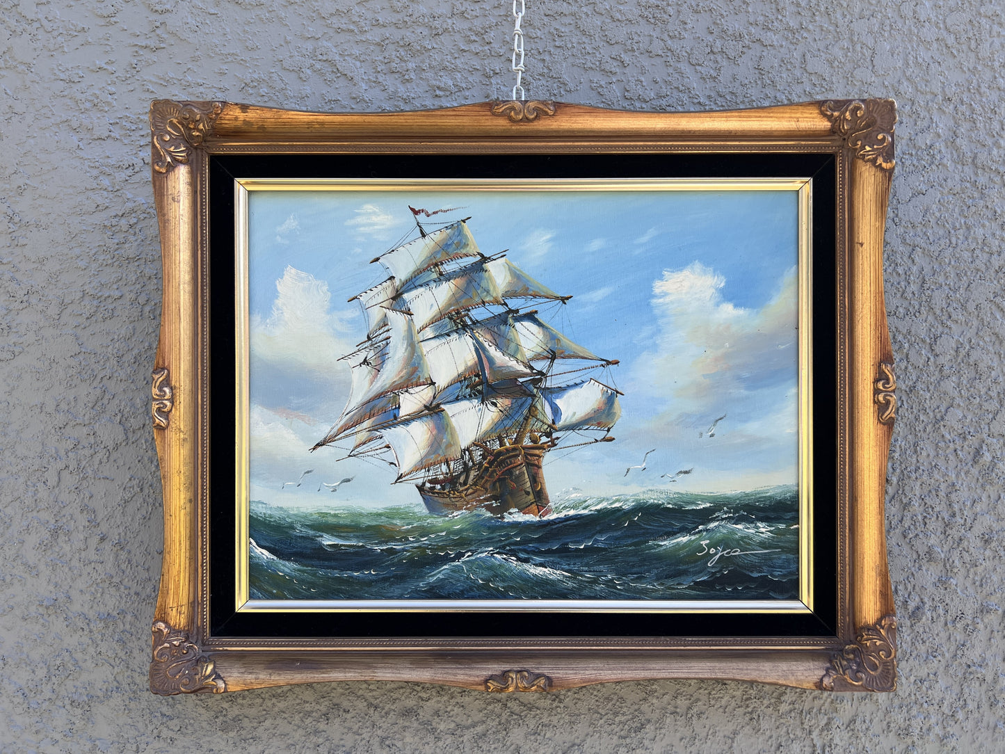 Signed Soyco Original Oil Painting on Canvas Seascape, Sailing Ship, framed