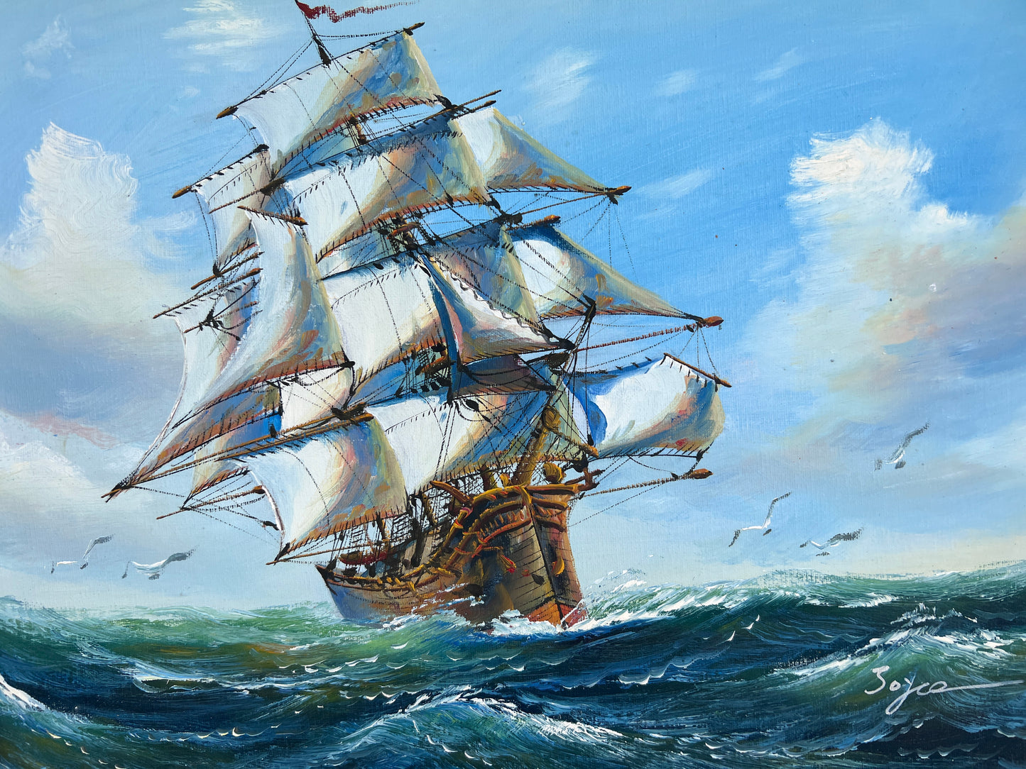 Signed Soyco Original Oil Painting on Canvas Seascape, Sailing Ship, framed