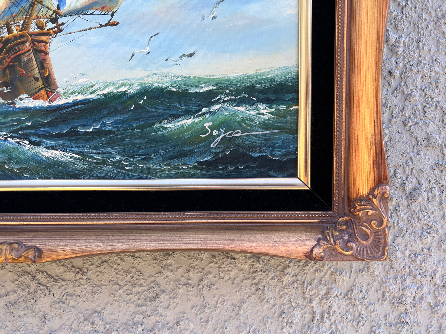 Signed Soyco Original Oil Painting on Canvas Seascape, Sailing Ship, framed