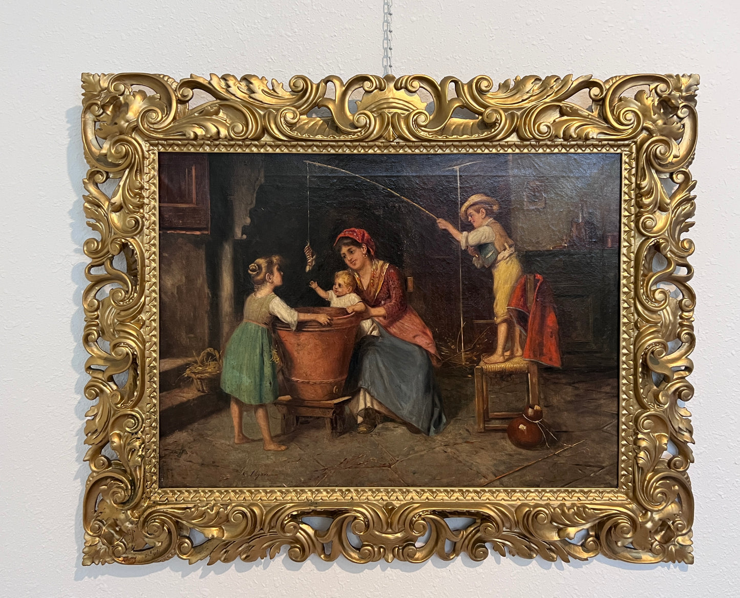 Signed Antique Dutch School original Genre oil painting on canvas, Ornate Frame