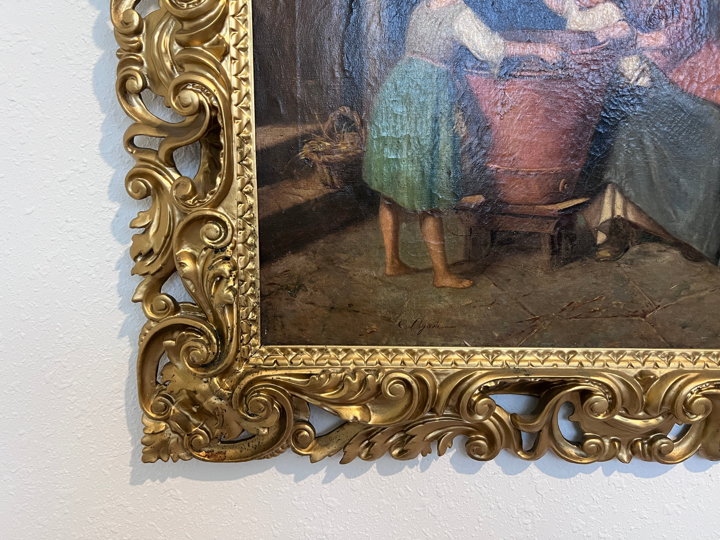 Signed Antique Dutch School original Genre oil painting on canvas, Ornate Frame