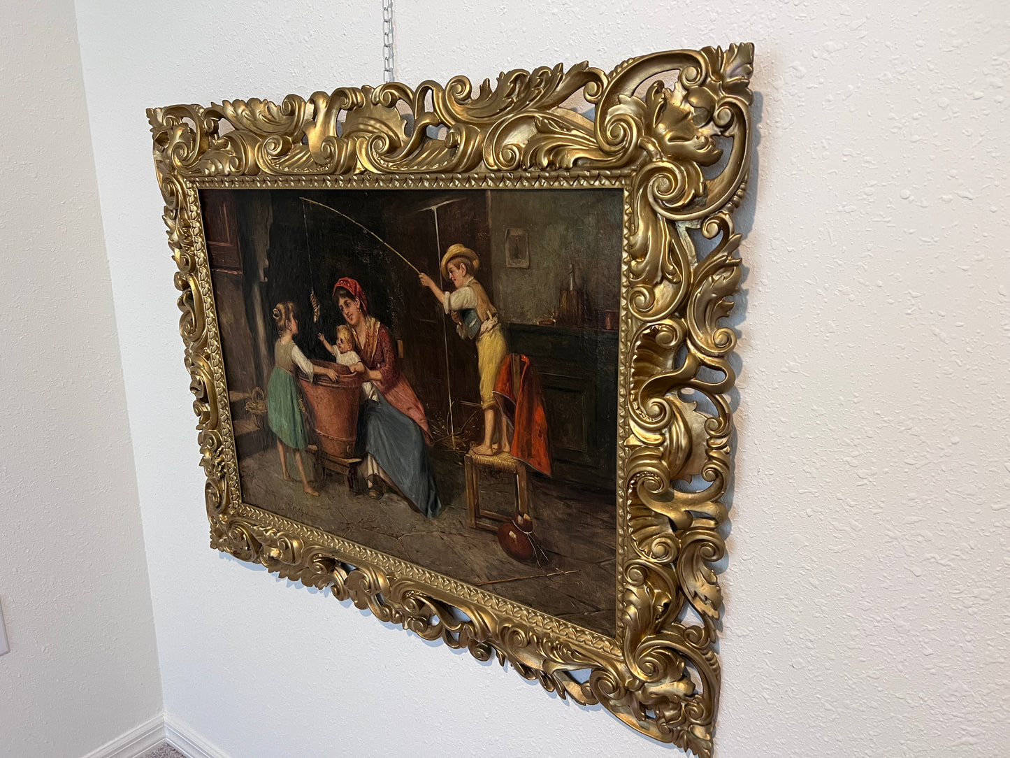 Signed Antique Dutch School original Genre oil painting on canvas, Ornate Frame