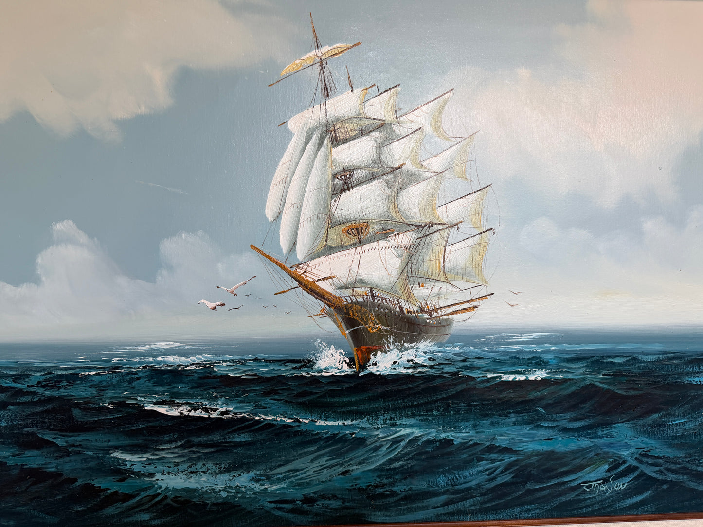 Listed Artist Hewett Jackson Original Oil Painting  Tall Ship Seascape  Framed