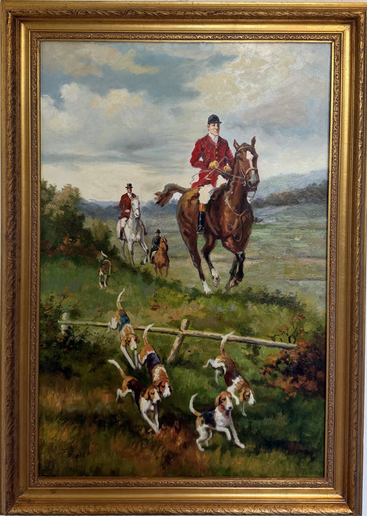 English Fox Hunting Scene Oil Painting on Canvas, Horses & Hounds, Signed