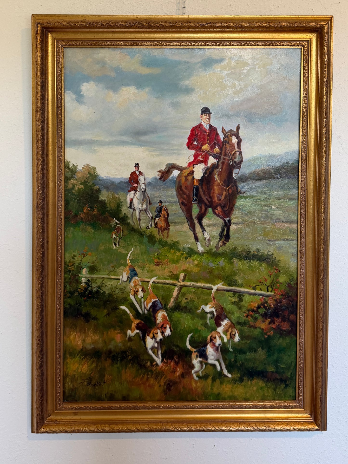 English Fox Hunting Scene Oil Painting on Canvas, Horses & Hounds, Signed