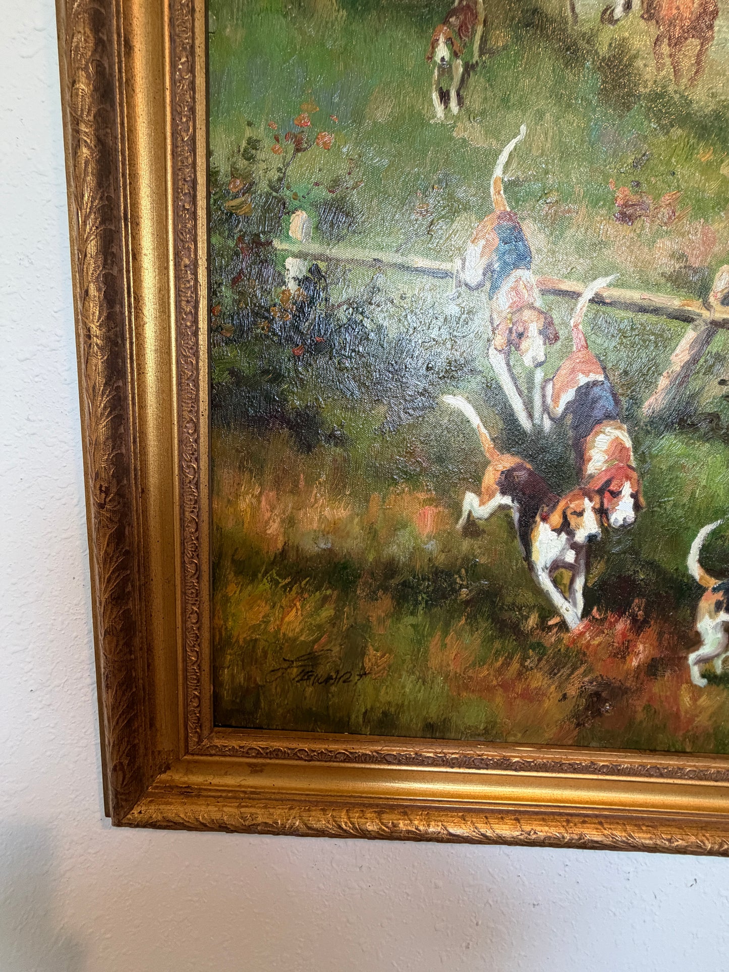 English Fox Hunting Scene Oil Painting on Canvas, Horses & Hounds, Signed