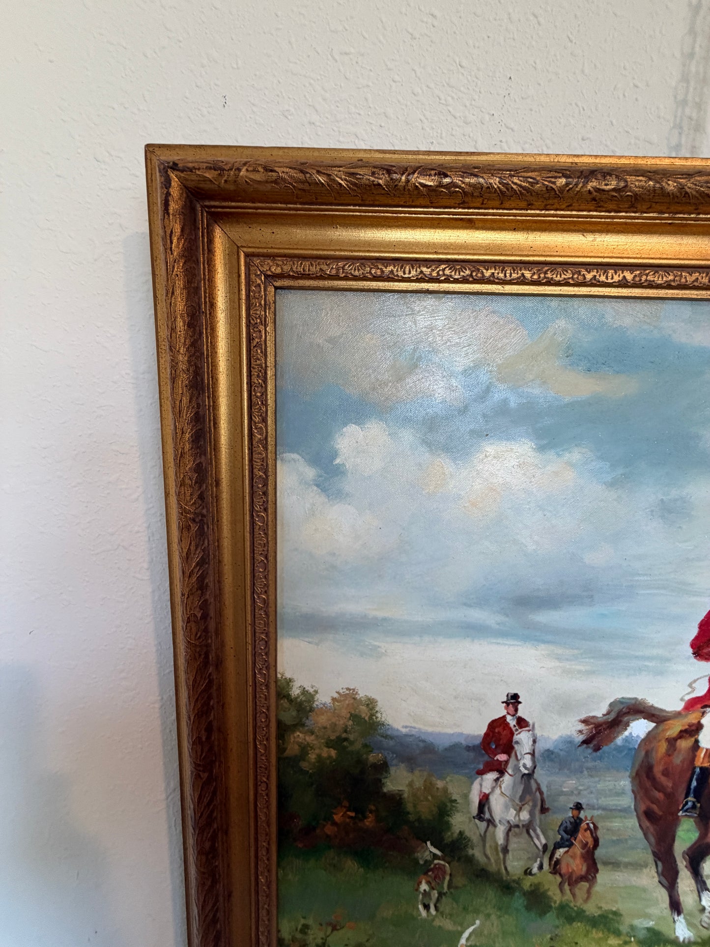 English Fox Hunting Scene Oil Painting on Canvas, Horses & Hounds, Signed