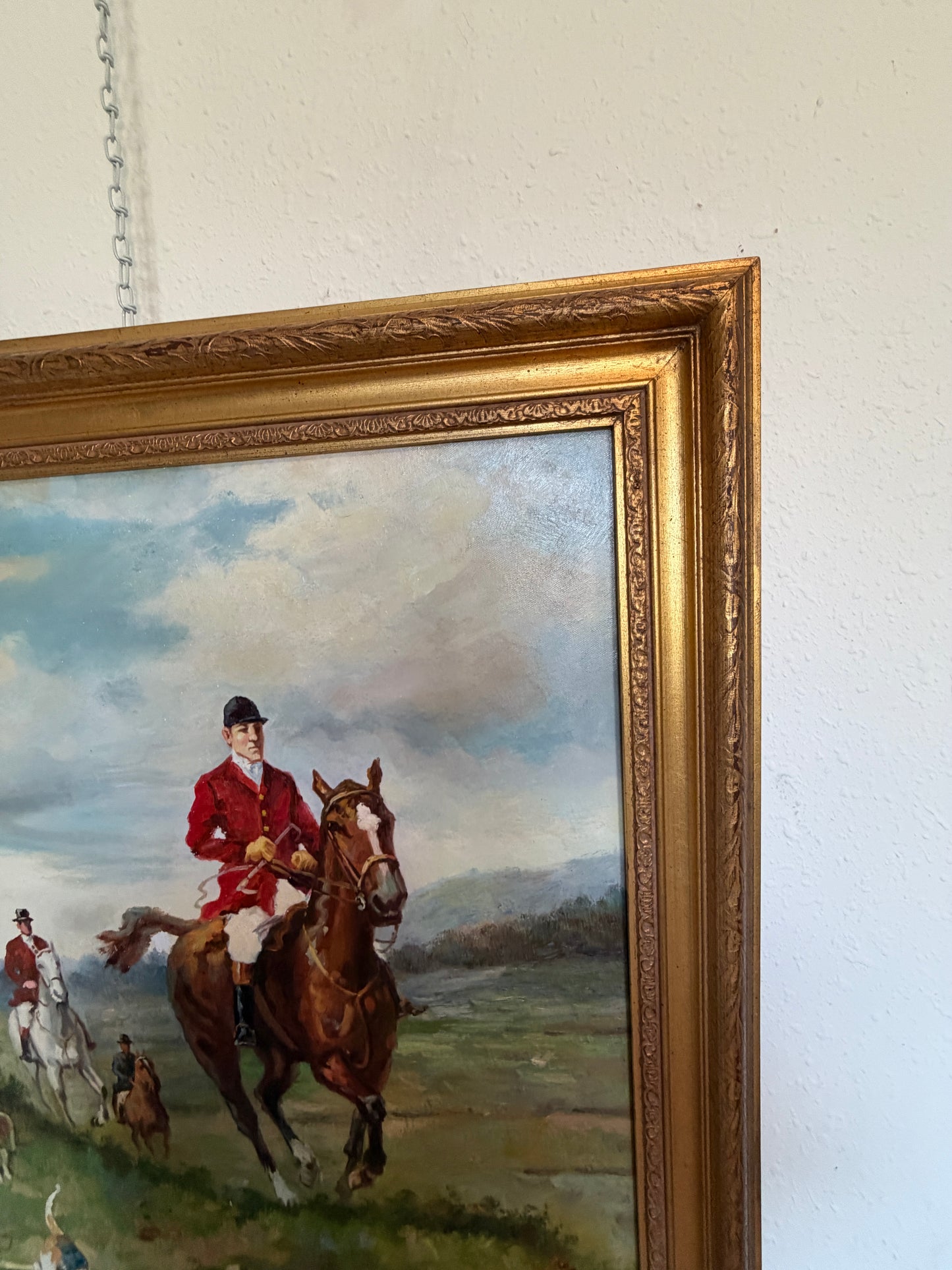 English Fox Hunting Scene Oil Painting on Canvas, Horses & Hounds, Signed