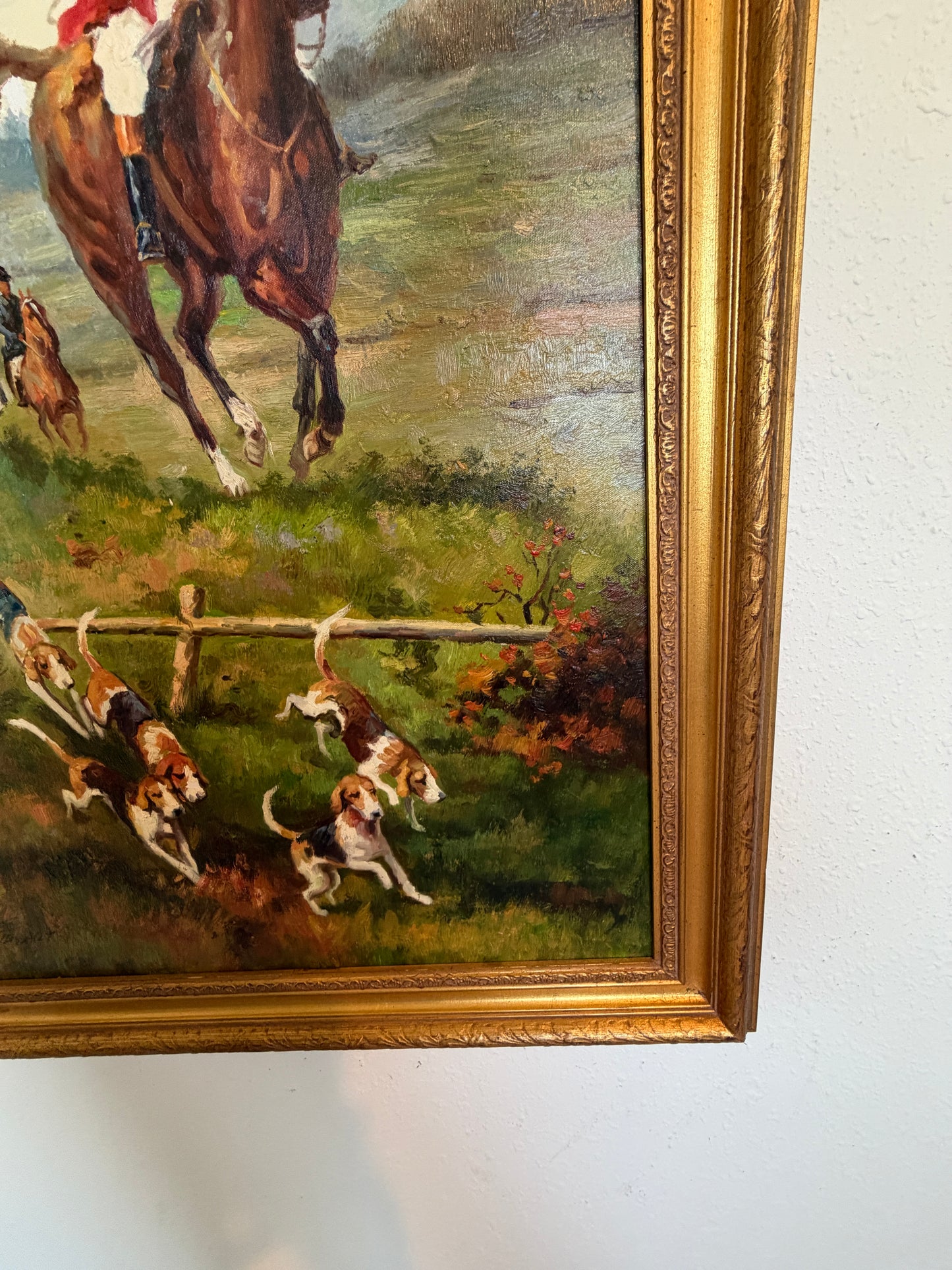 English Fox Hunting Scene Oil Painting on Canvas, Horses & Hounds, Signed