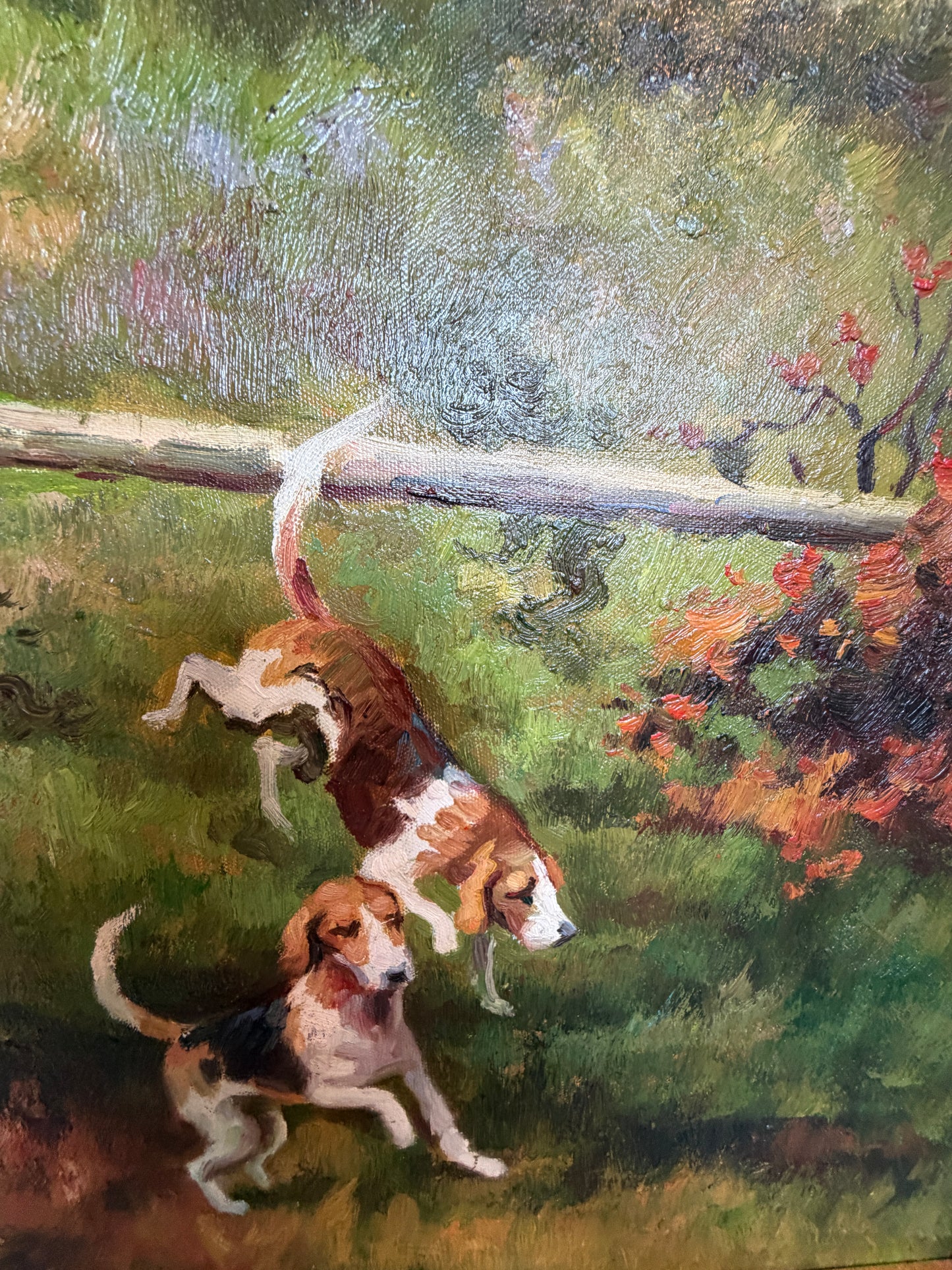 English Fox Hunting Scene Oil Painting on Canvas, Horses & Hounds, Signed