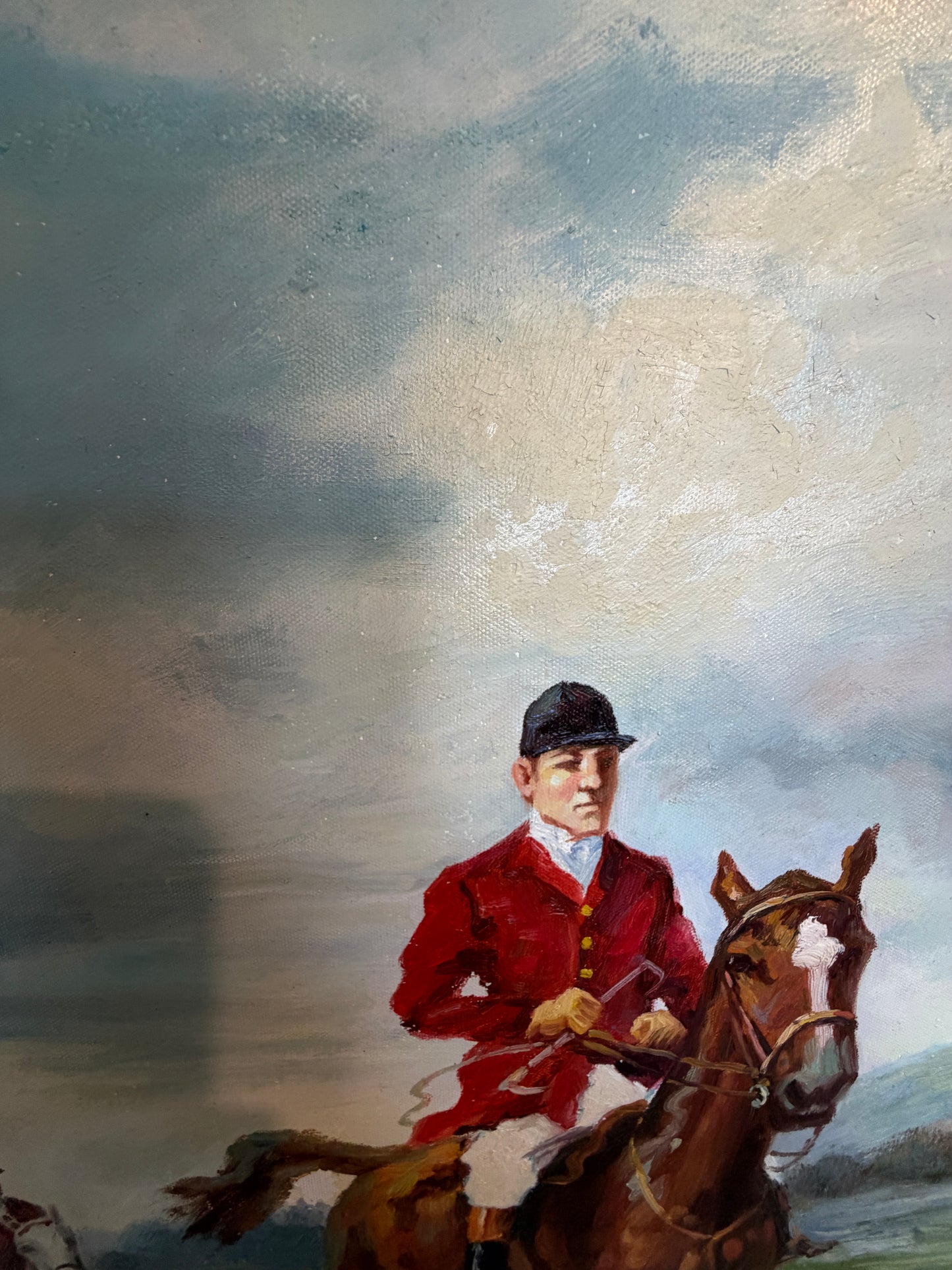 English Fox Hunting Scene Oil Painting on Canvas, Horses & Hounds, Signed