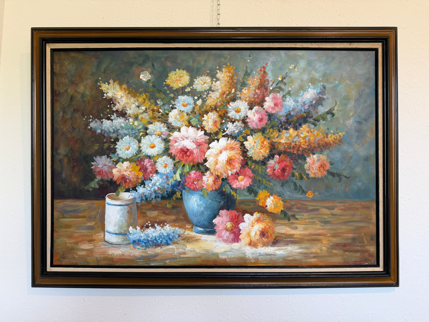 Large Floral Still Life Original Oil Painting on canvas Signed W. Adams Framed