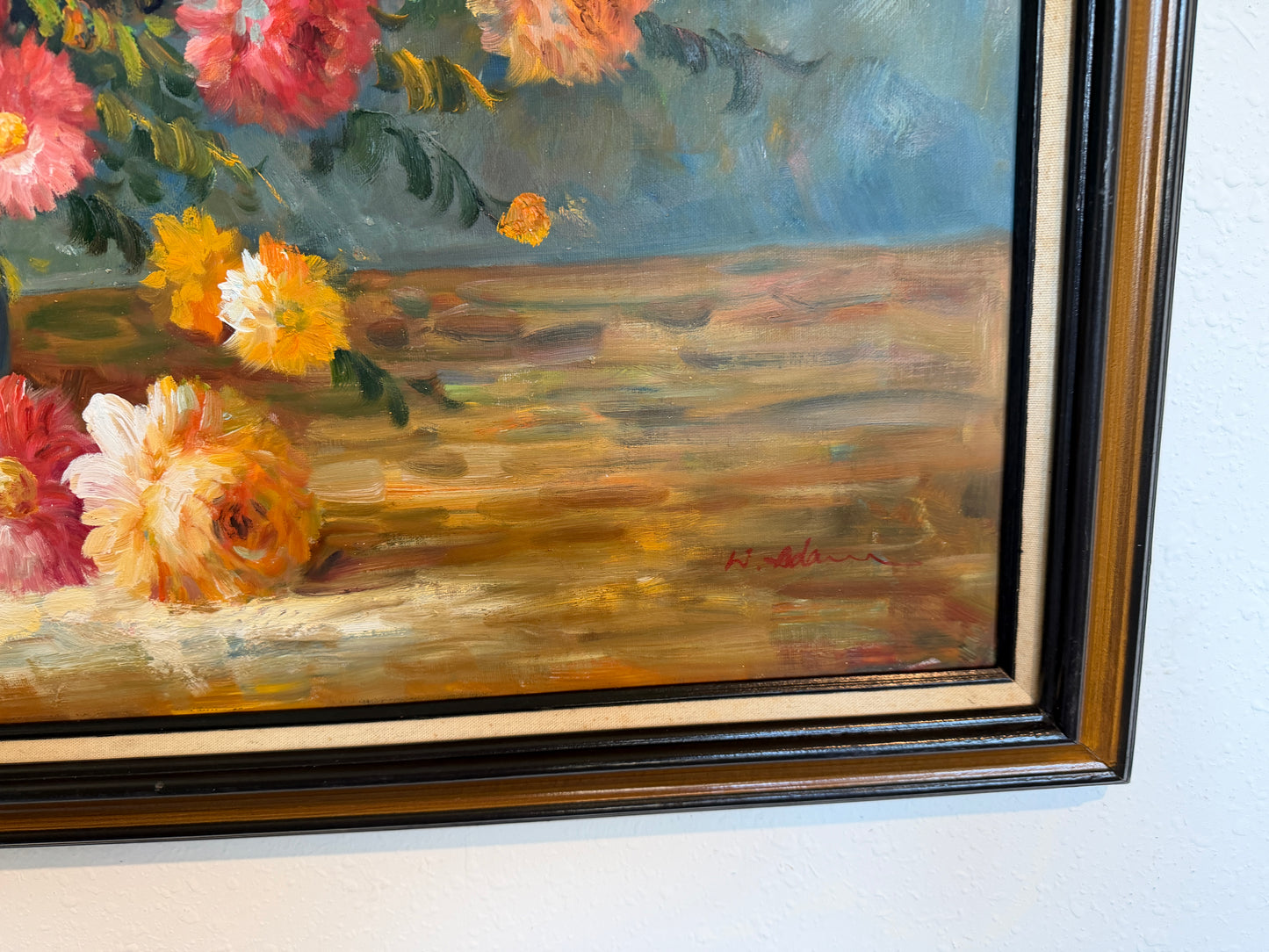 Large Floral Still Life Original Oil Painting on canvas Signed W. Adams Framed