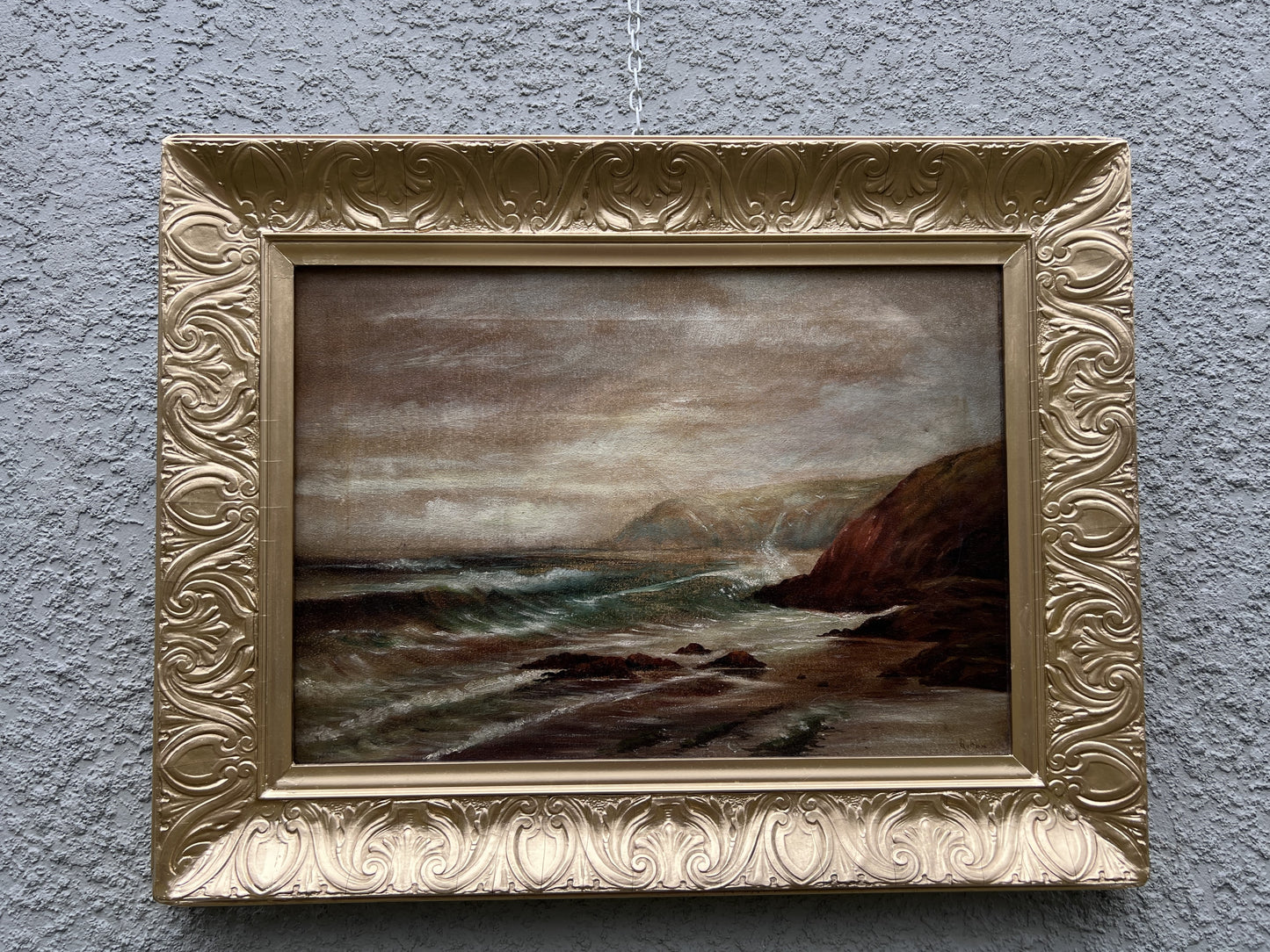 Original 19th century Antique Oil painting on canvas, seascape, Signed, Framed