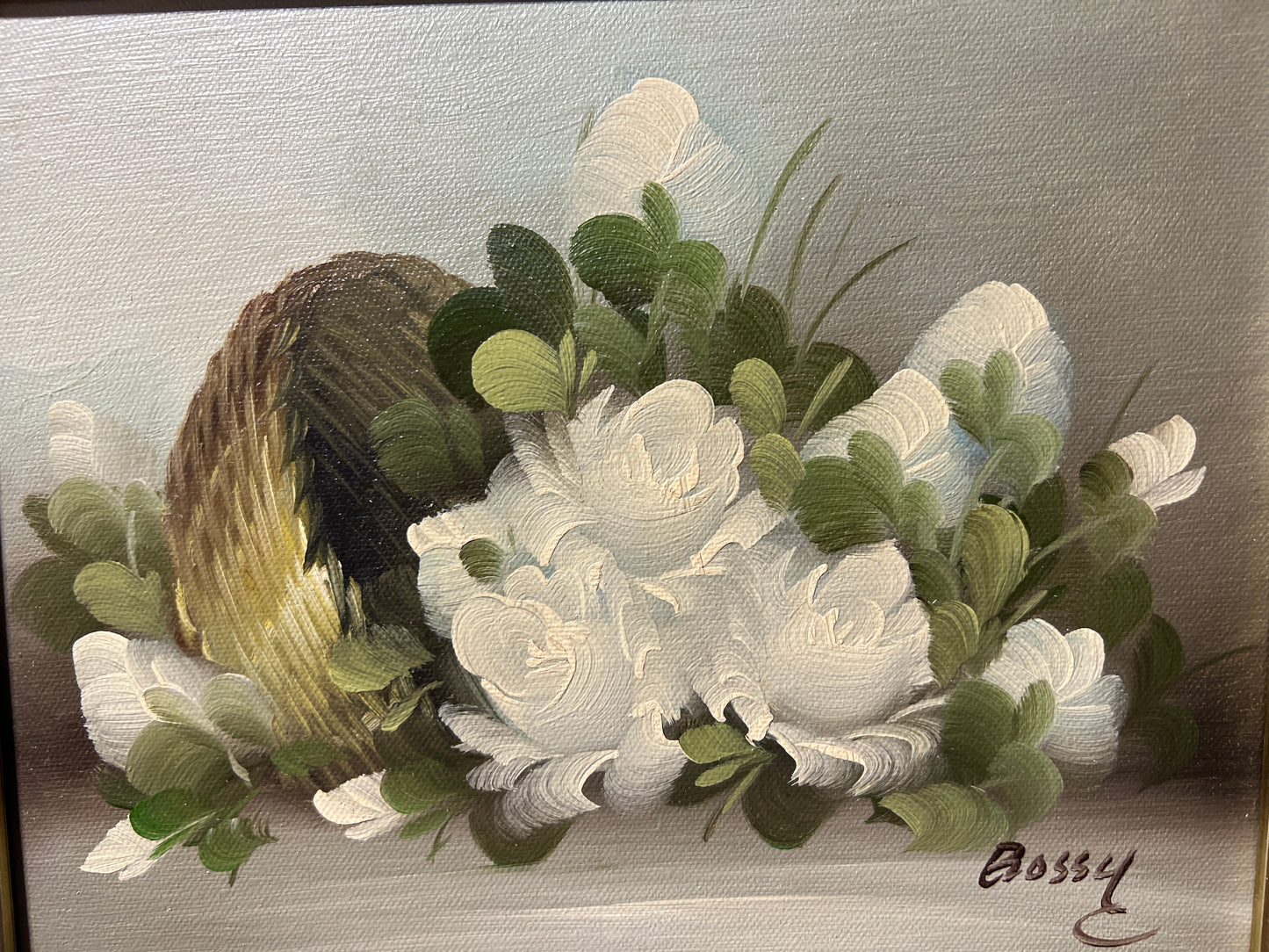 Original Painting on Canvas Still Life, Flowers, Framed, Signed Bossy