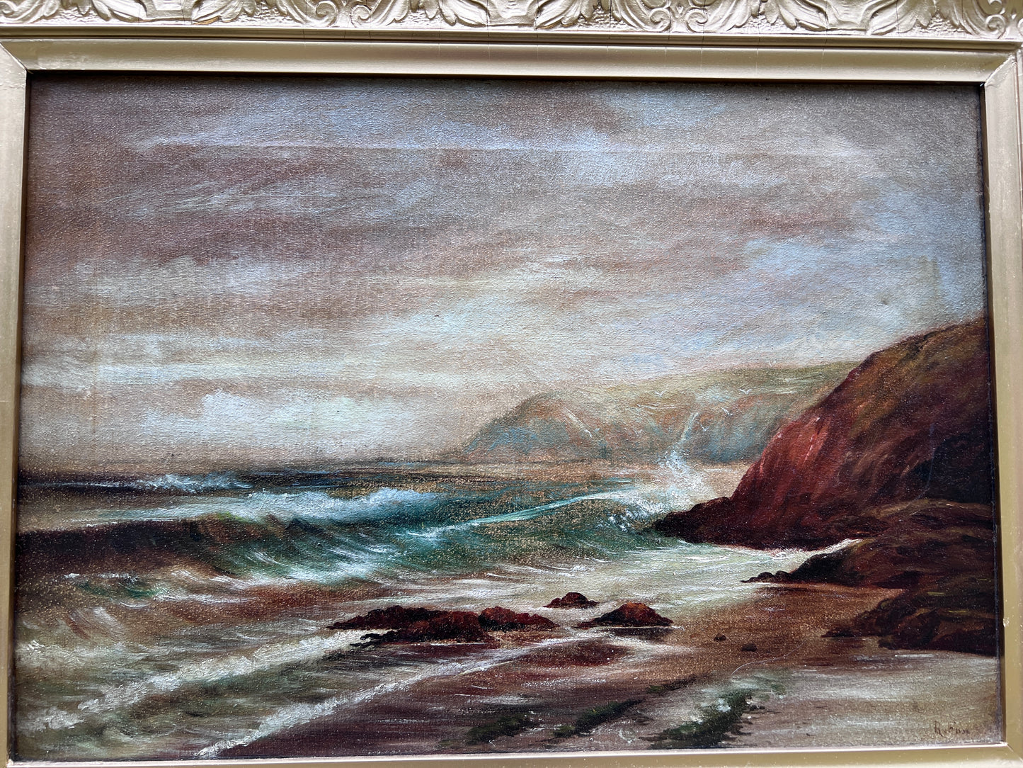 Original 19th century Antique Oil painting on canvas, seascape, Signed, Framed