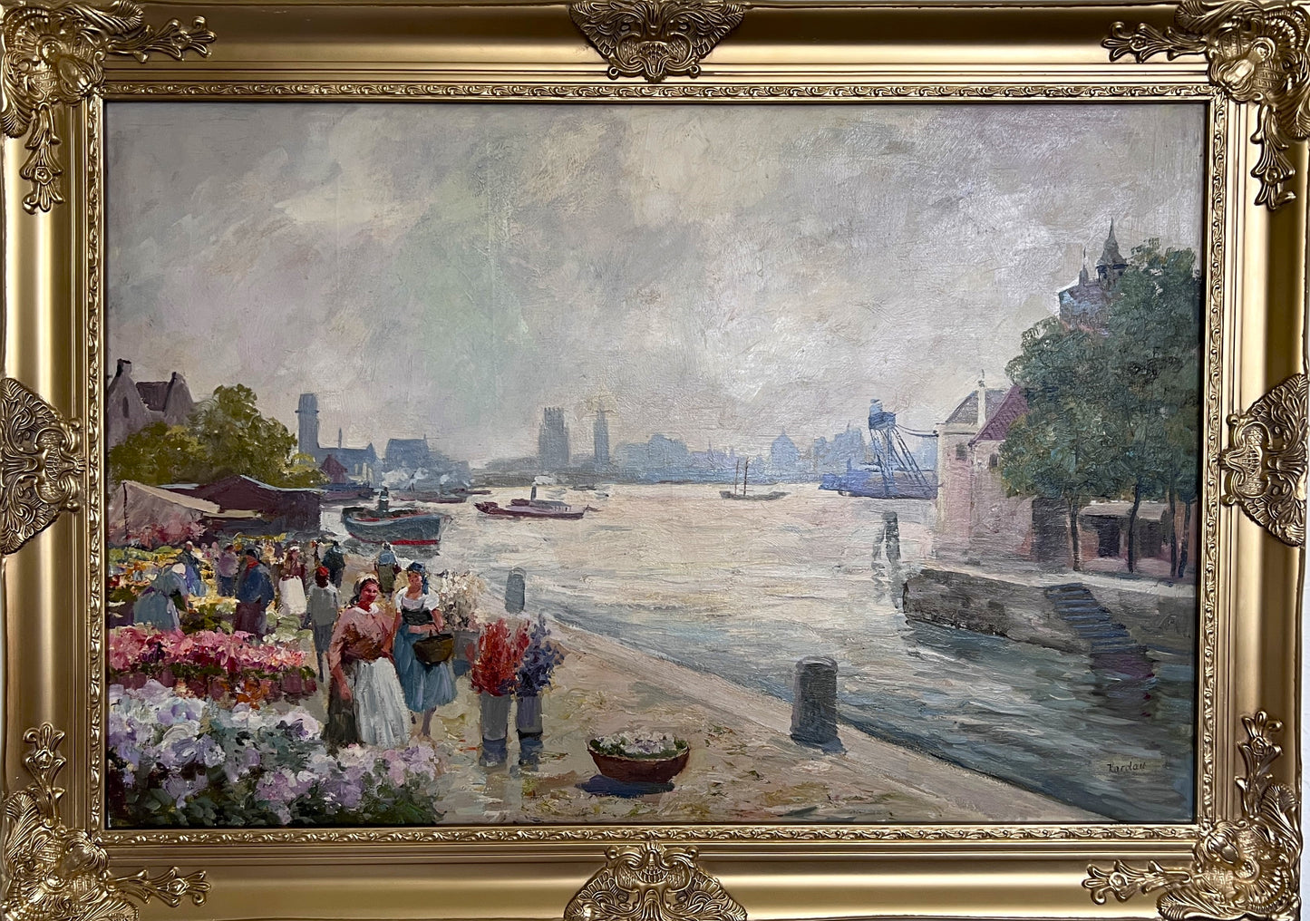 Oil painting on canvas, European Flower Market Scene, Signed R.Kardau, framed