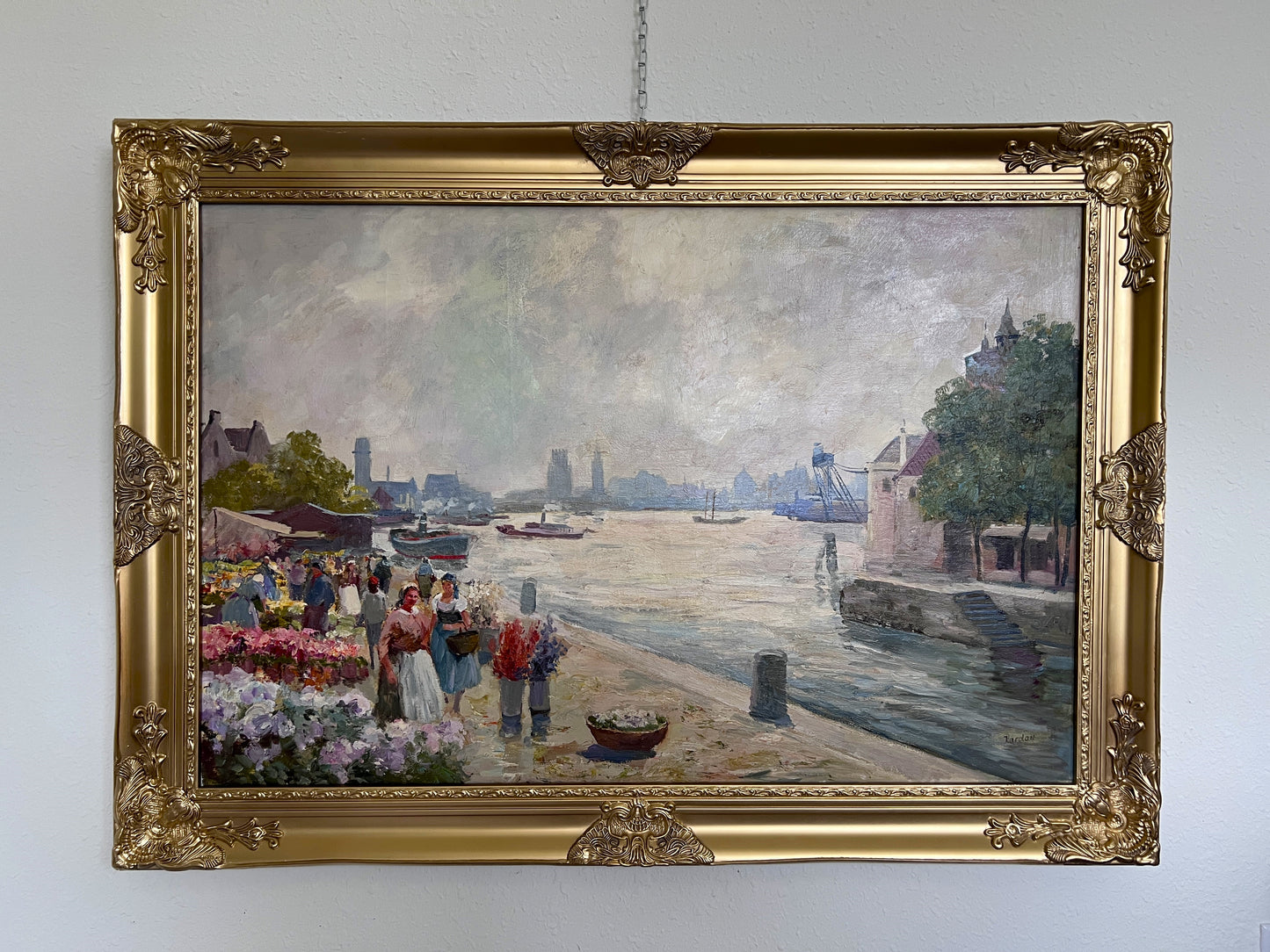 Oil painting on canvas, European Flower Market Scene, Signed R.Kardau, framed