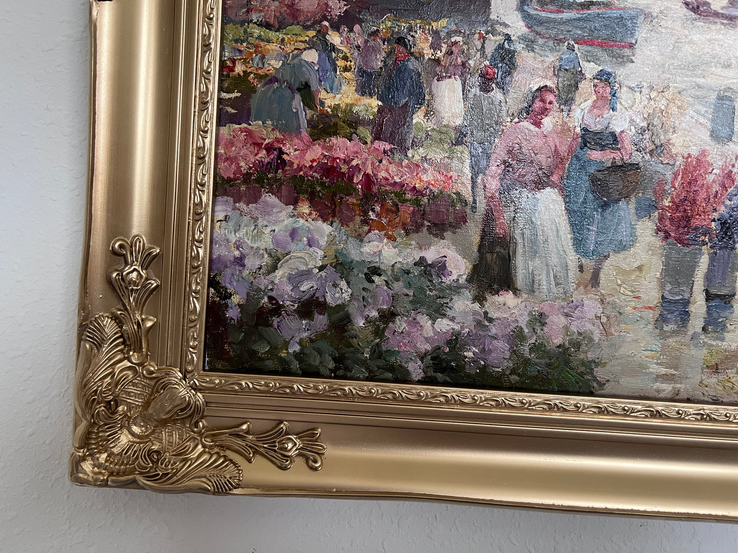 Oil painting on canvas, European Flower Market Scene, Signed R.Kardau, framed