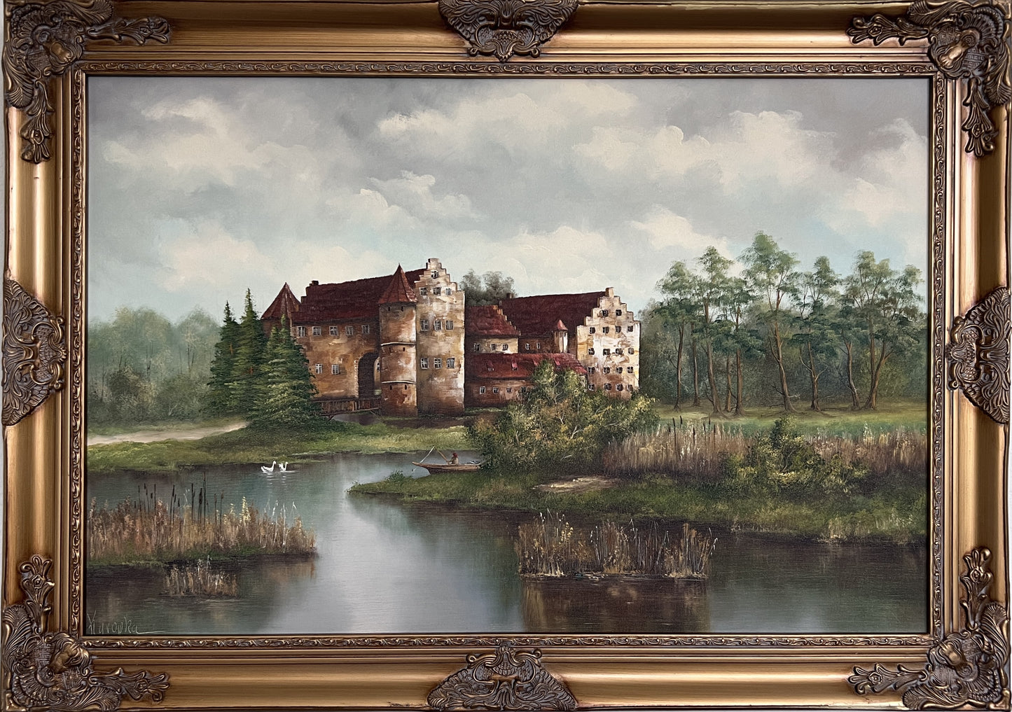 Original Oil painting on canvas, Castle, Landscape, Signed C. Karopka, framed