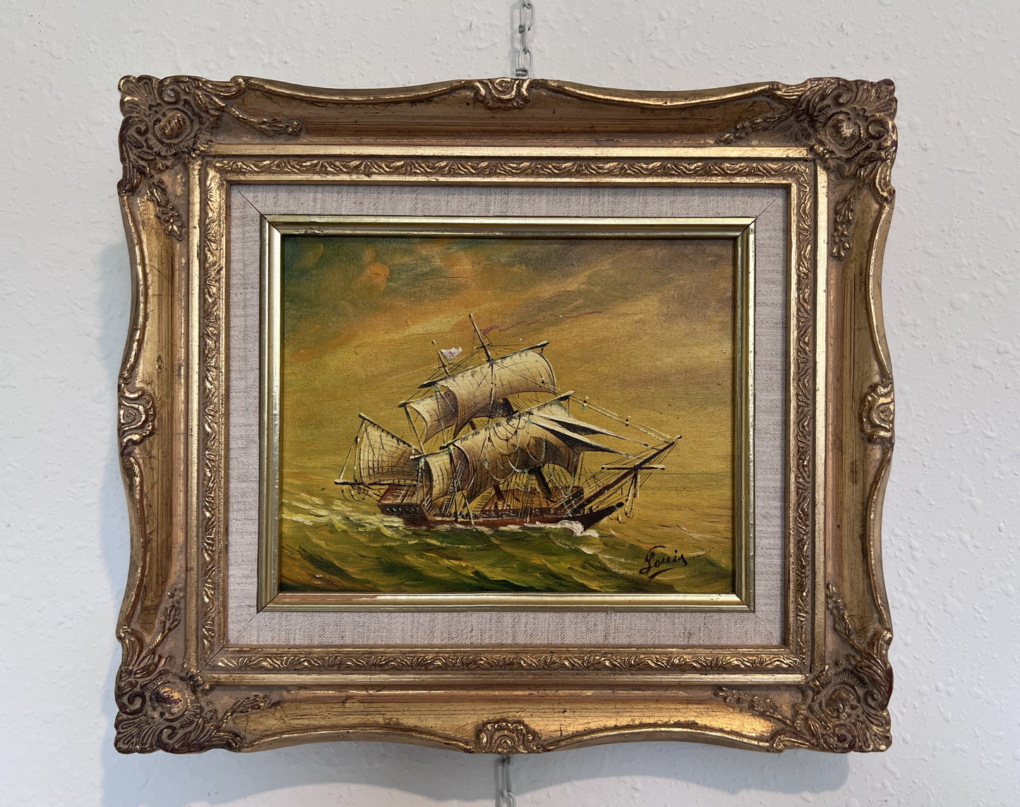 Louis Original Oil on Canvas Nautical Painting, Seascape, Ornate Gold Frame