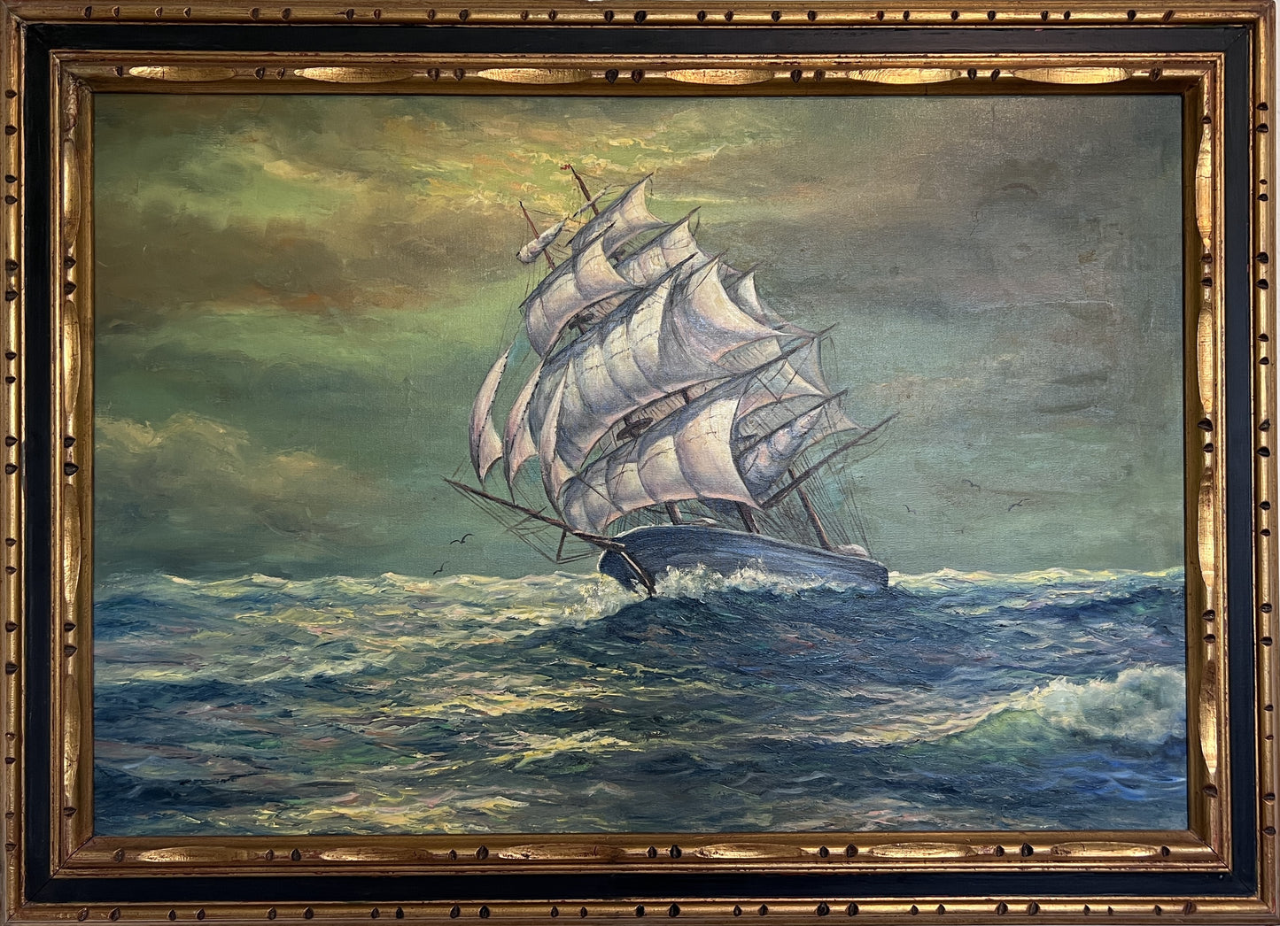 Large Original Oil Painting on Canvas Clipper ship, Seascape, Framed