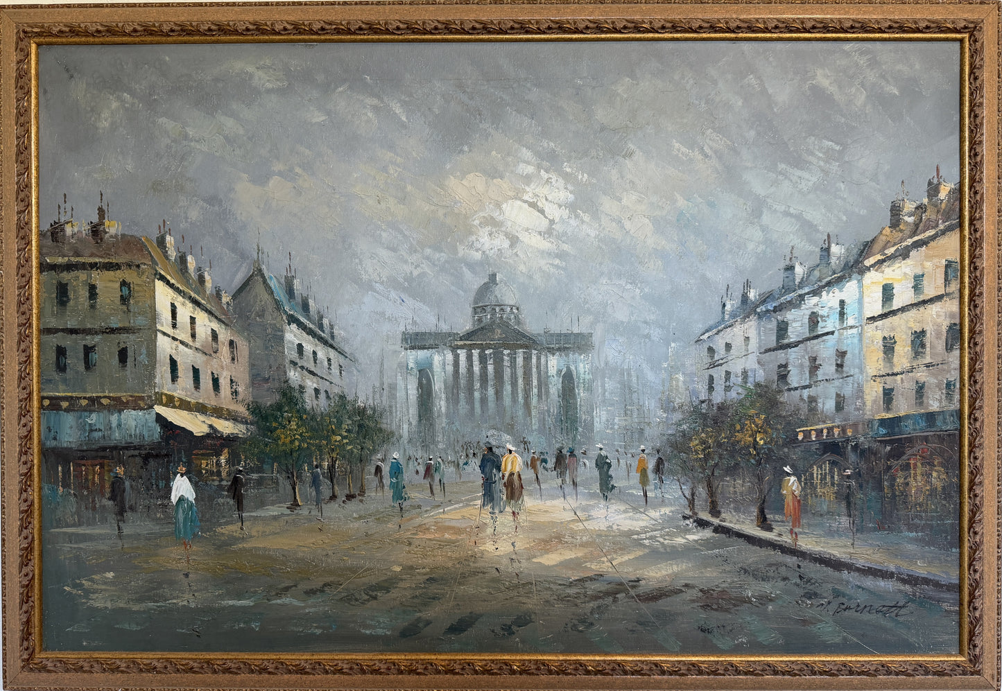 Listed Artist C. Burnett oil painting on canvas, Paris street view Framed Signed
