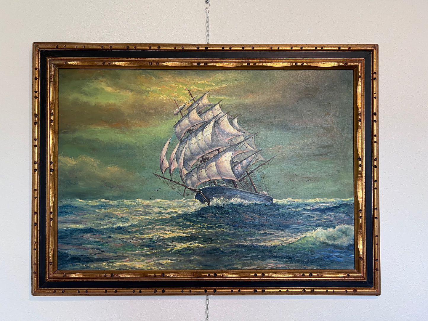 Large Original Oil Painting on Canvas Clipper ship, Seascape, Framed