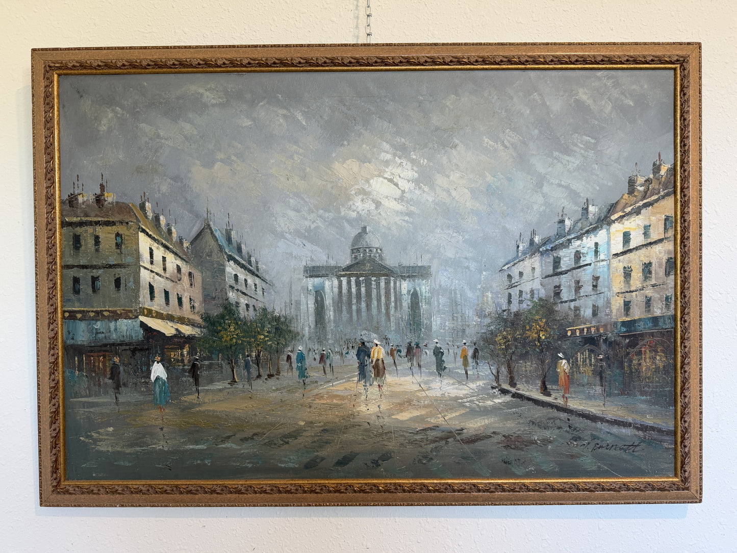 Listed Artist C. Burnett oil painting on canvas, Paris street view Framed Signed