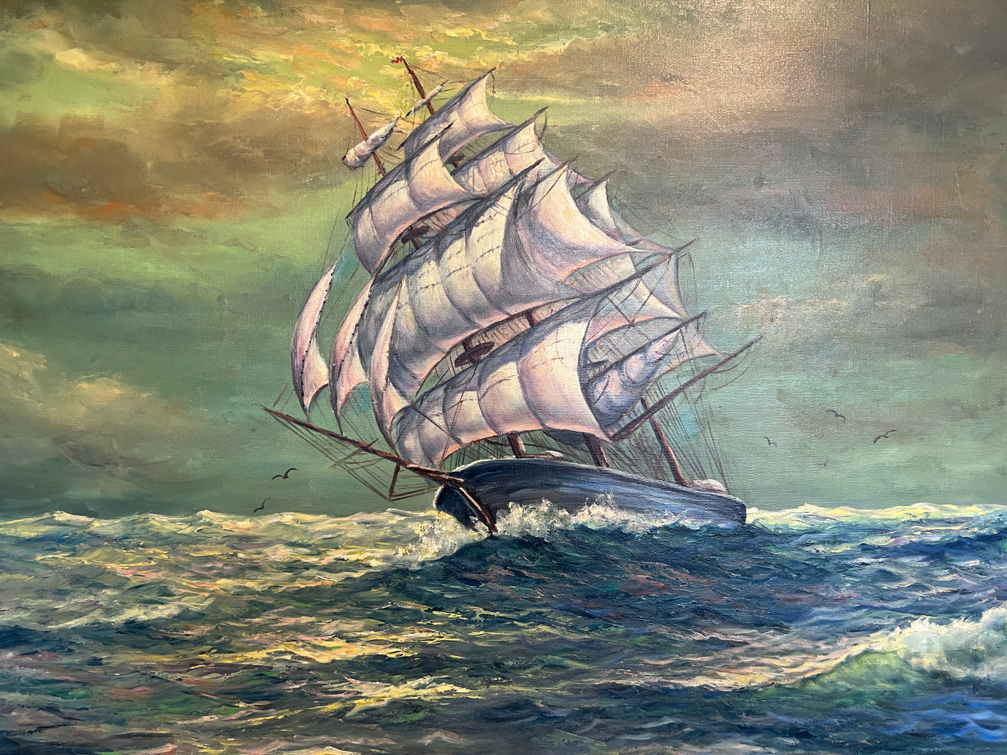 Large Original Oil Painting on Canvas Clipper ship, Seascape, Framed