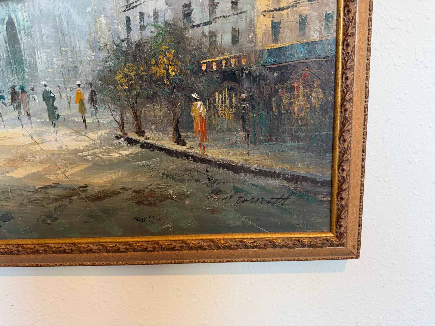 Listed Artist C. Burnett oil painting on canvas, Paris street view Framed Signed