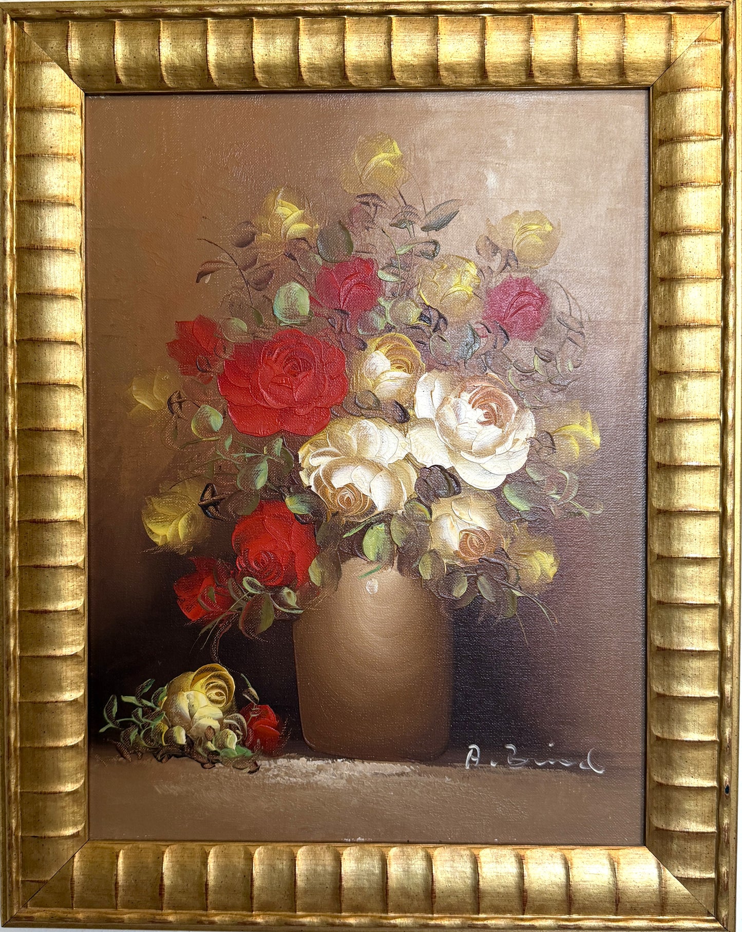 Vintage Floral Still Life Oil Painting Roses Signed Framed Classic Bouquet