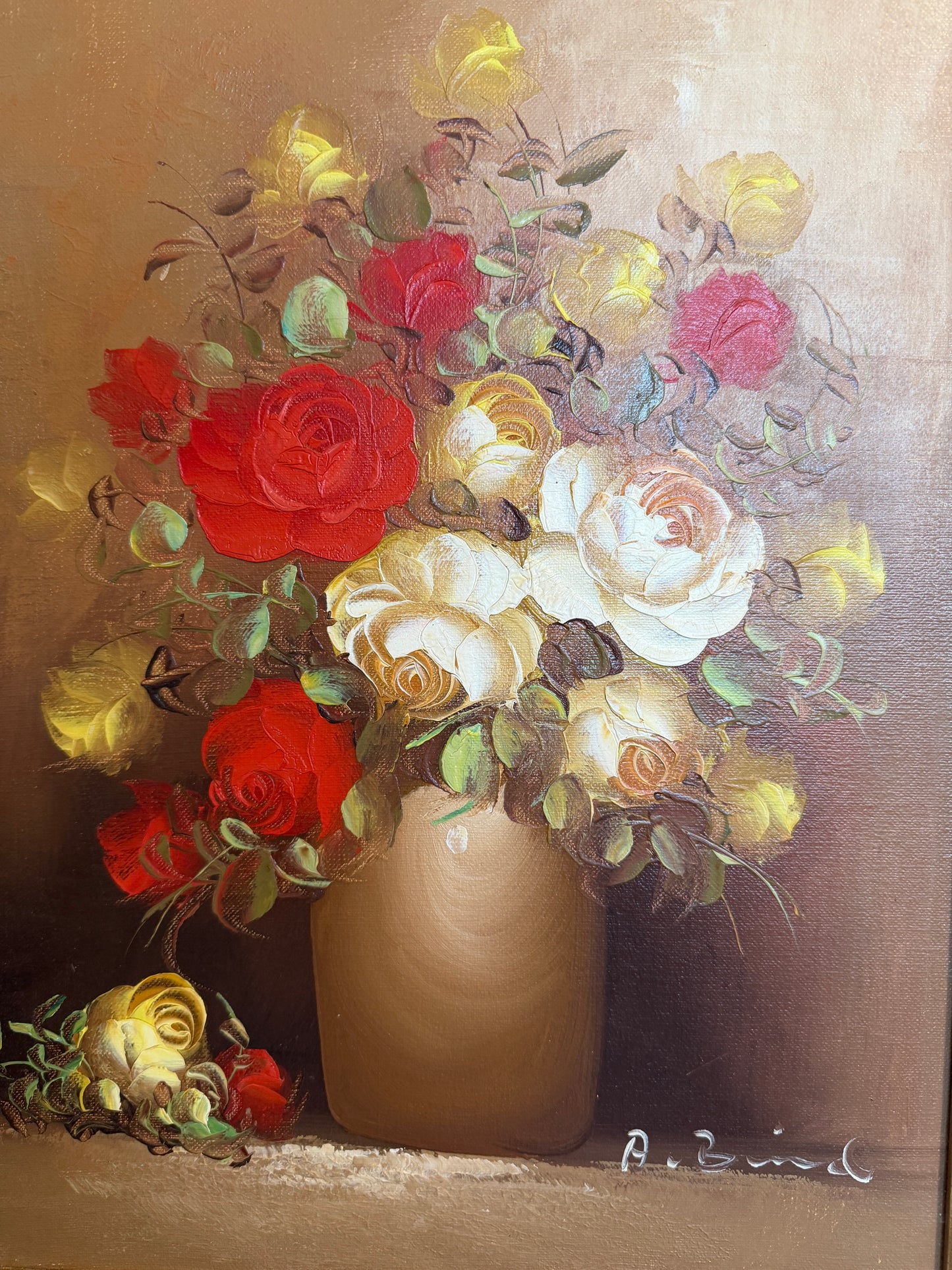 Vintage Floral Still Life Oil Painting Roses Signed Framed Classic Bouquet