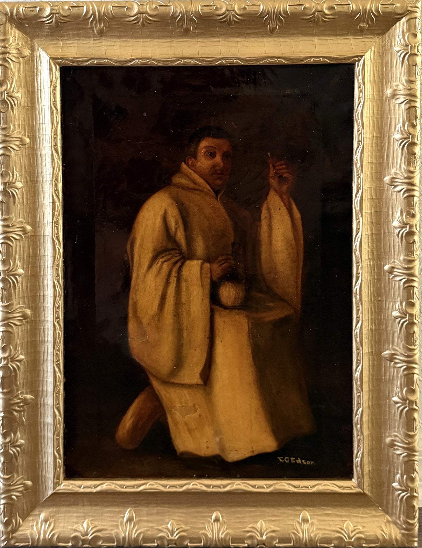 Antique 19c. Oil Painting Monk Portrait by E.C. Edson Gilt Frame Religious Art